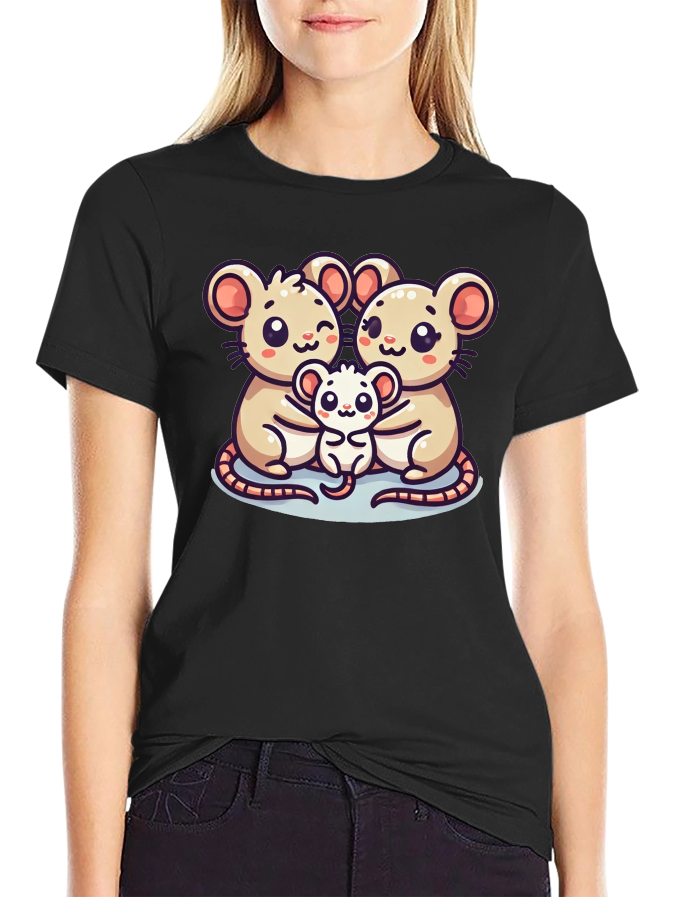 Cute Mouse Family Graphic Black T-Shirt