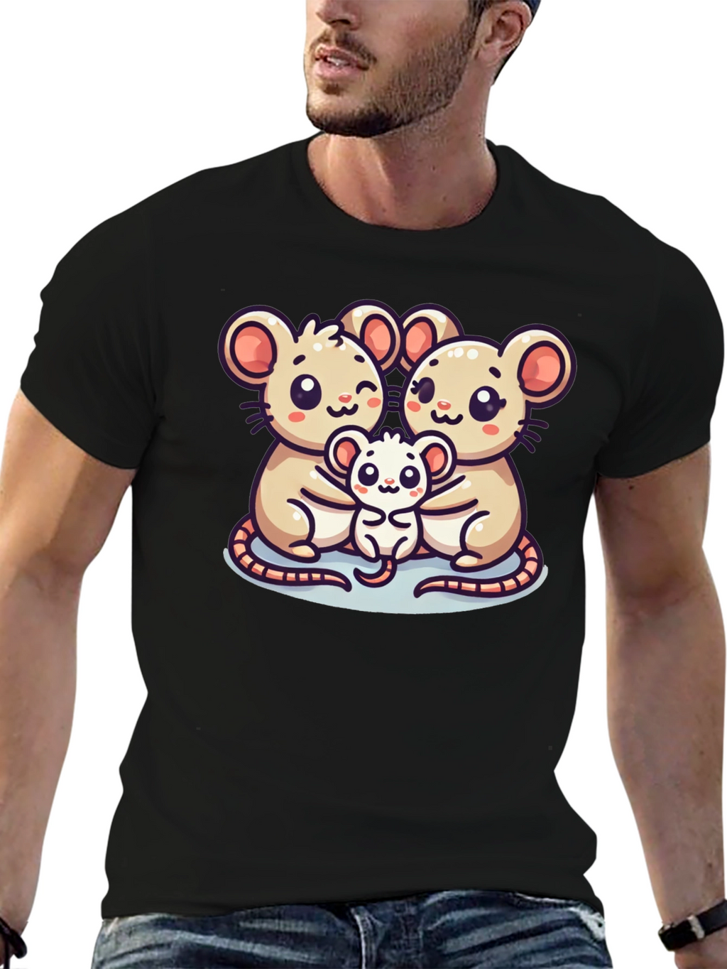 Cute Mouse Family Graphic Black T-Shirt