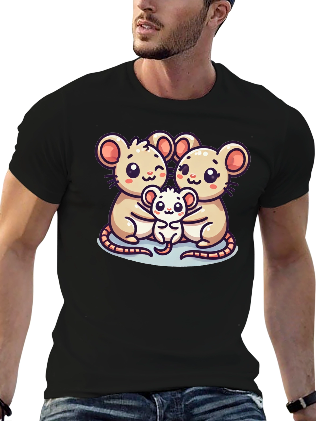 Cute Mouse Family Graphic Black T-Shirt