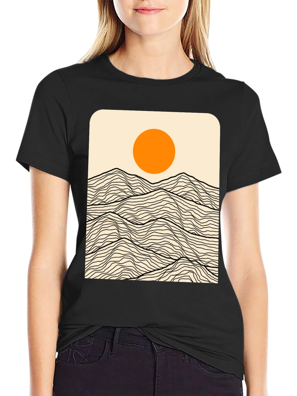 Minimalist Mountain Sun Graphic Tee - Black