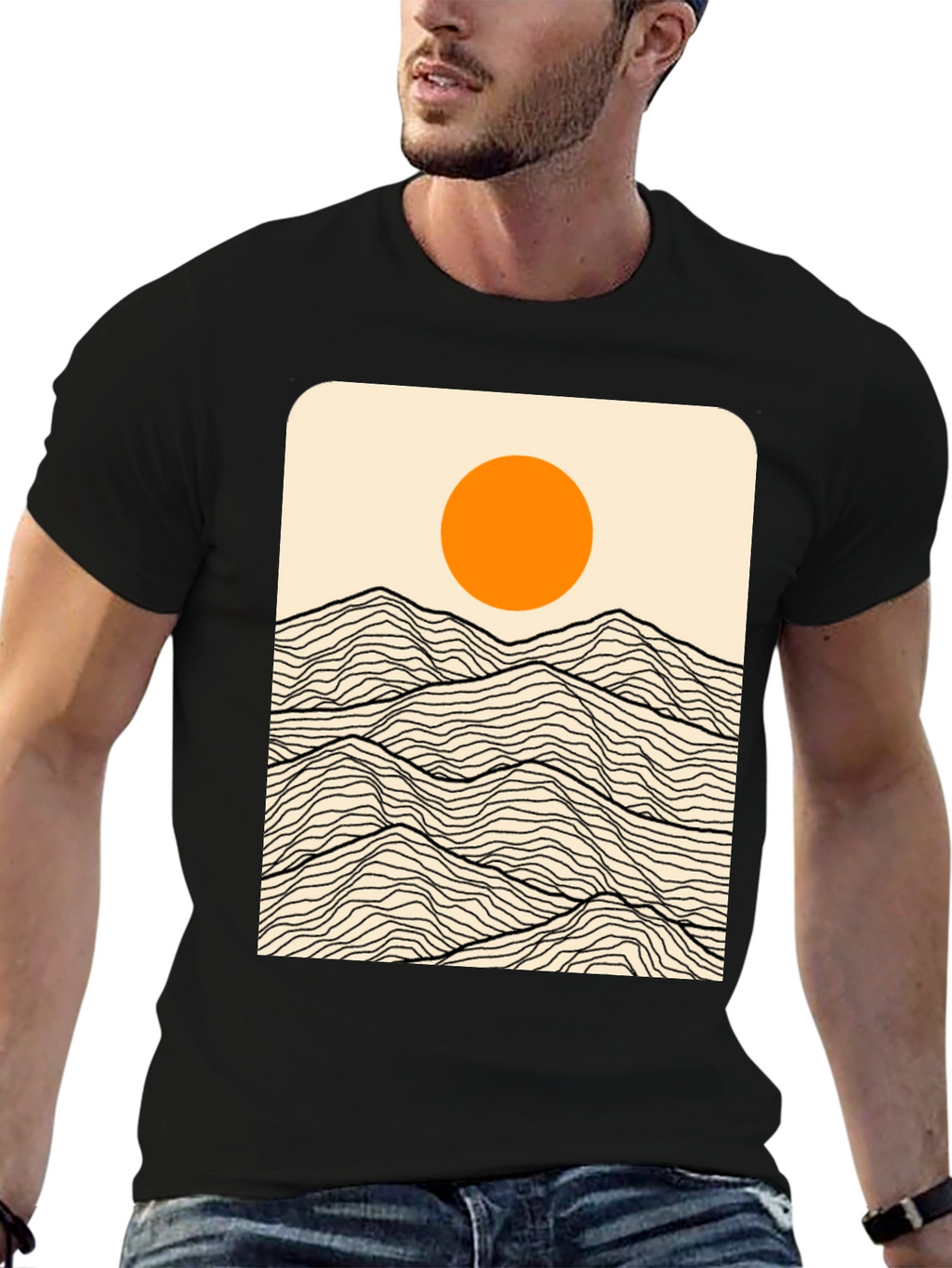 Minimalist Mountain Sun Graphic Tee - Black