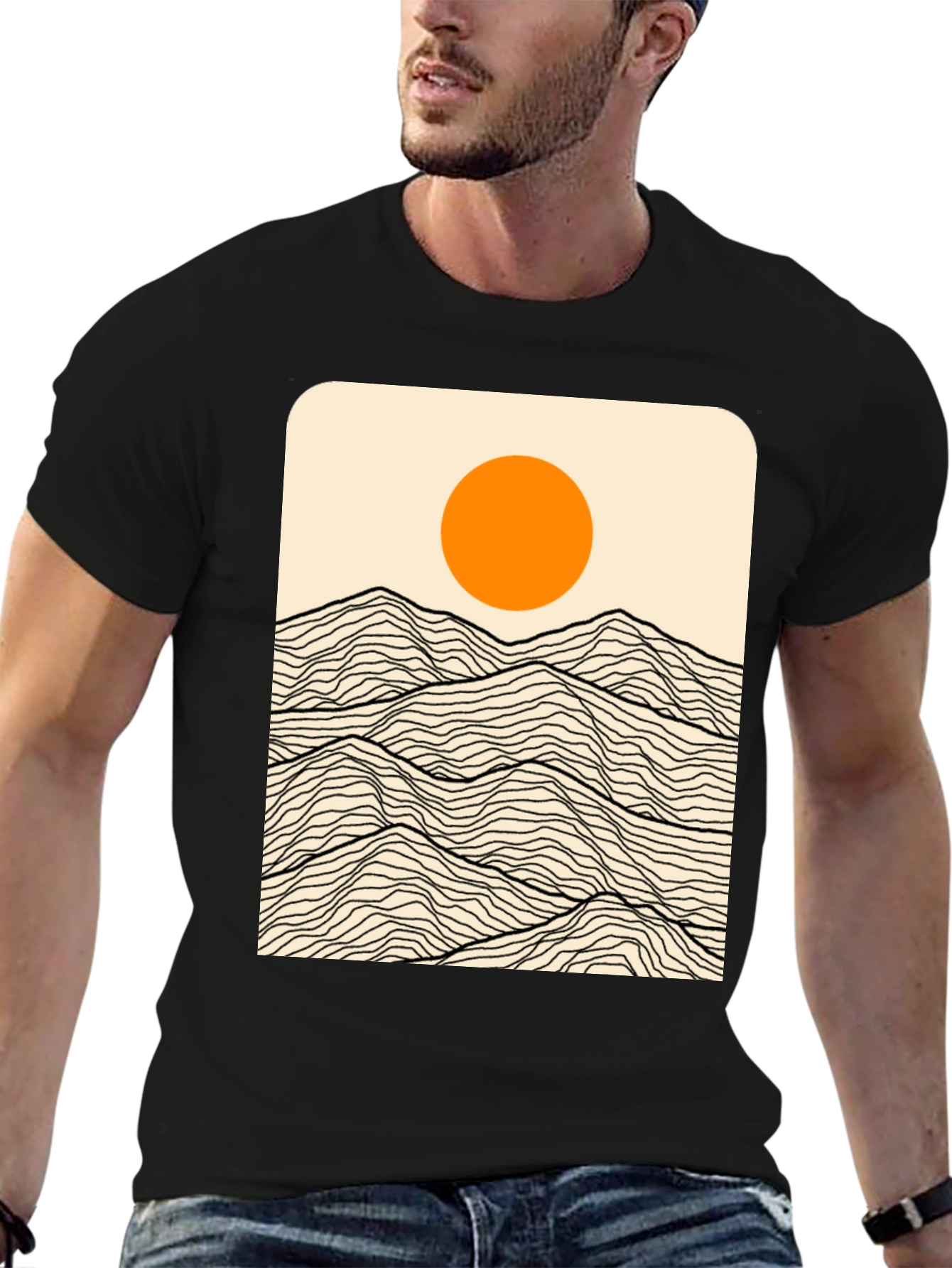 Minimalist Mountain Sun Graphic Tee - Black