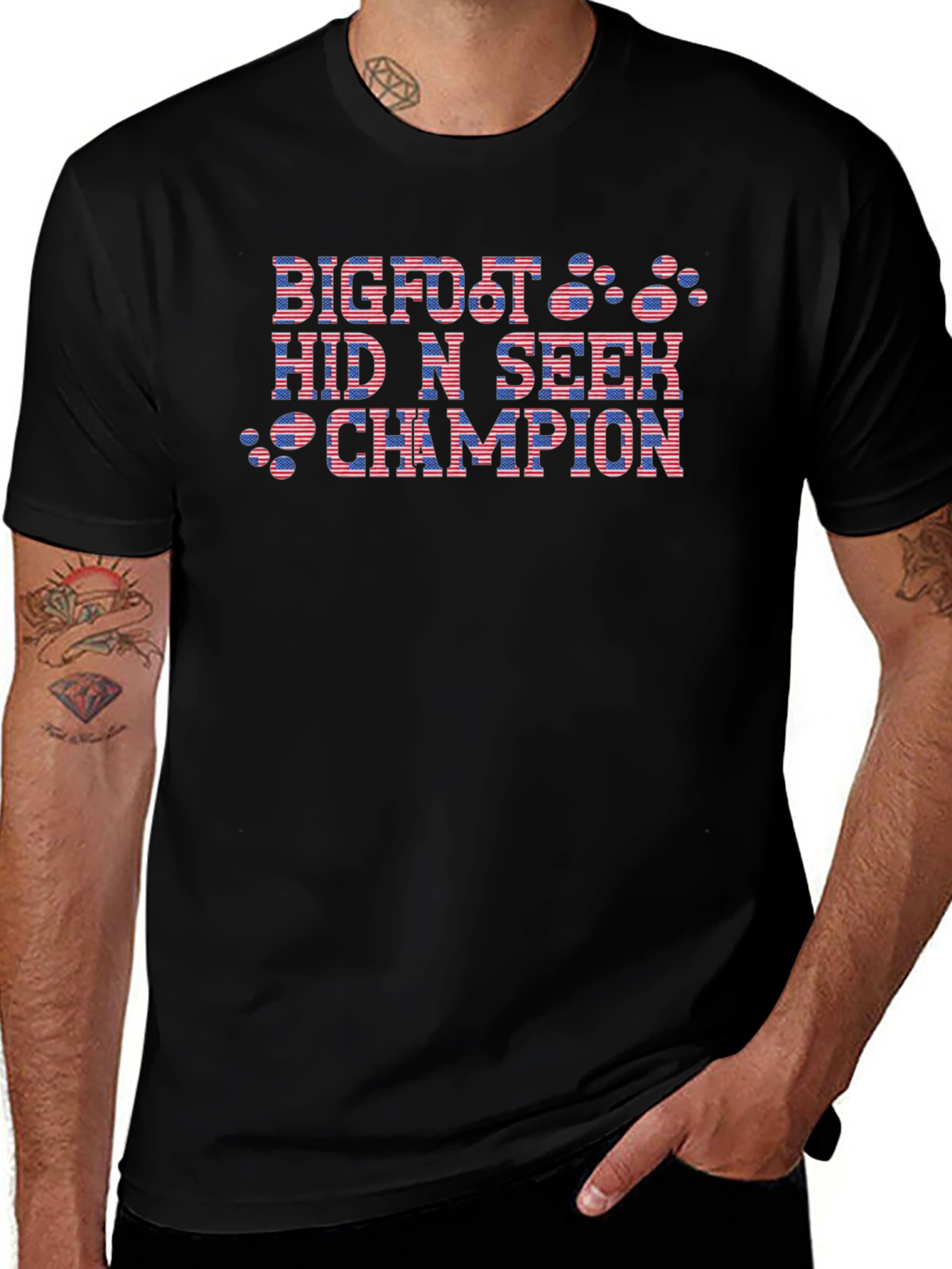 Bigfoot Hide and Seek Champion USA Flag Graphic T-Shirt