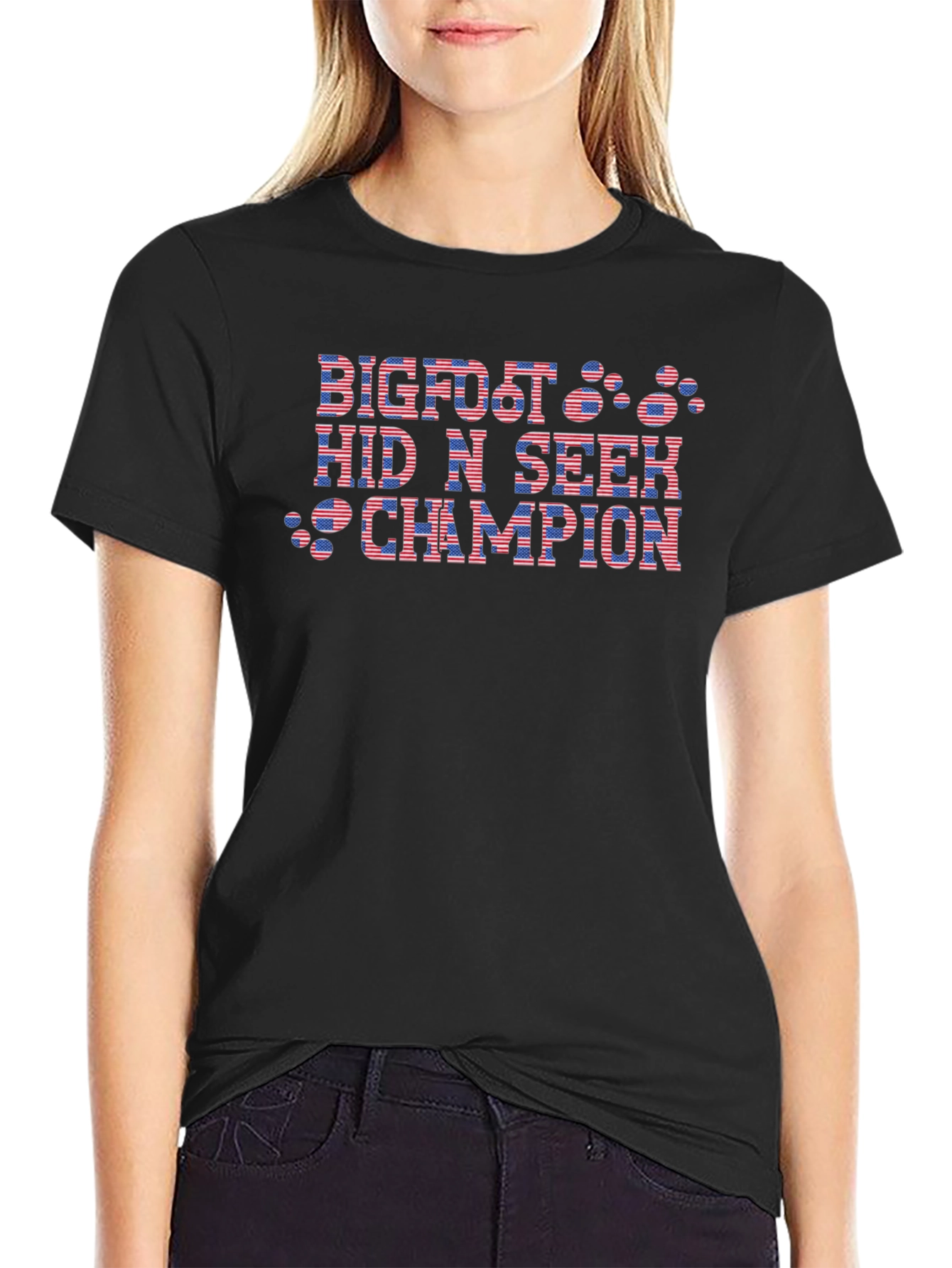Bigfoot Hide and Seek Champion USA Flag Graphic T-Shirt