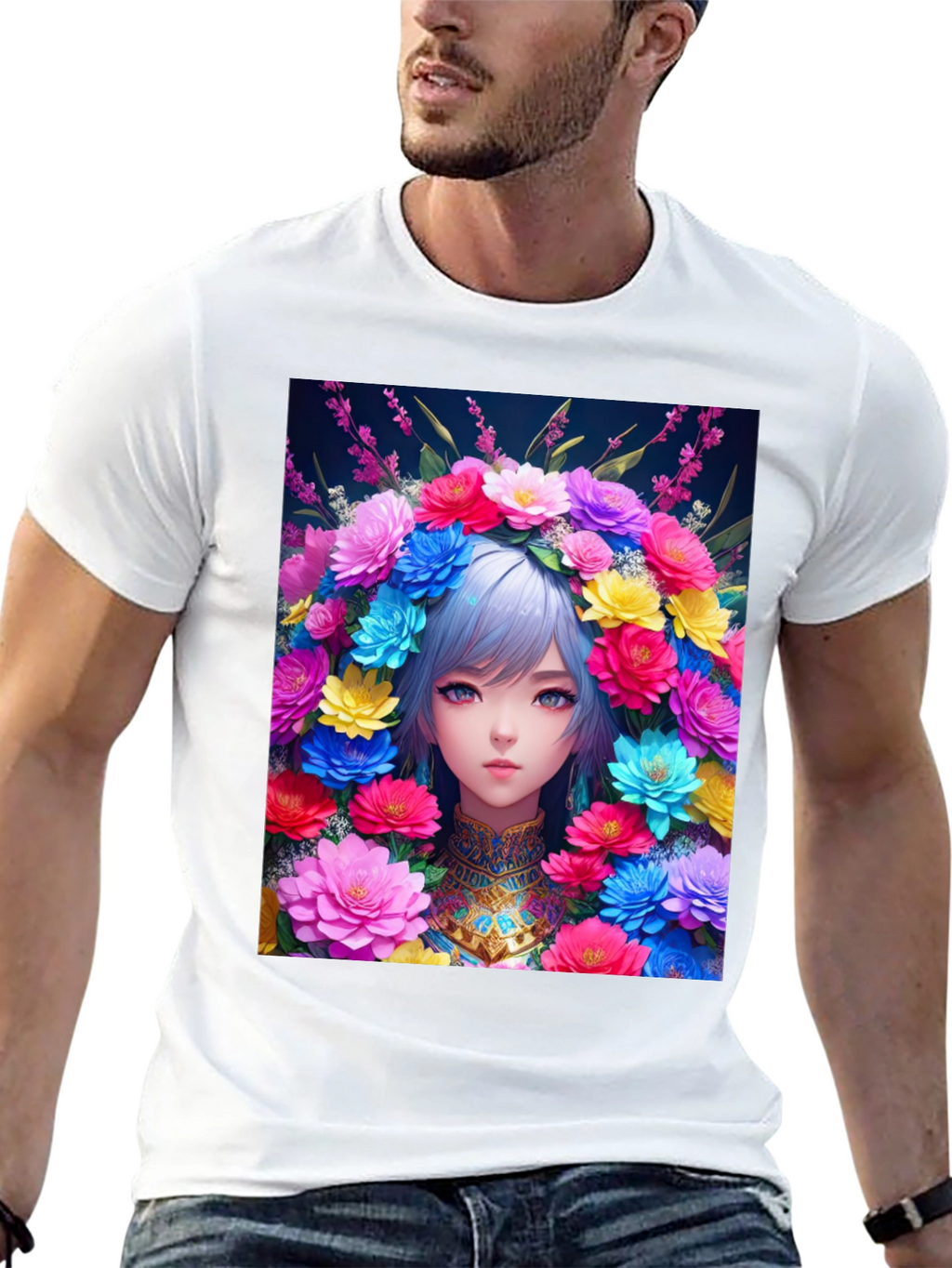 Anime Girl in Flower Crown Graphic Tee