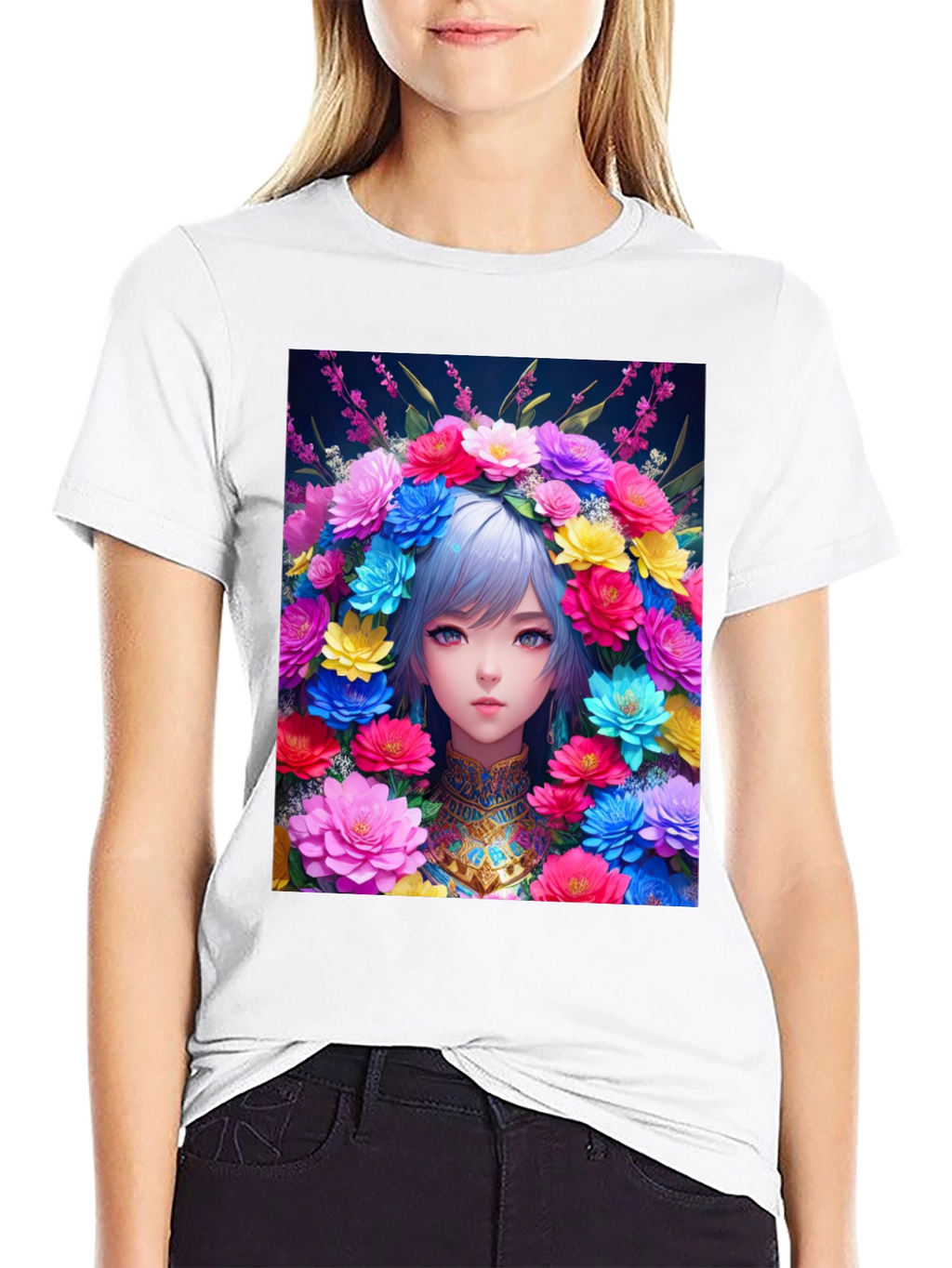 Anime Girl in Flower Crown Graphic Tee