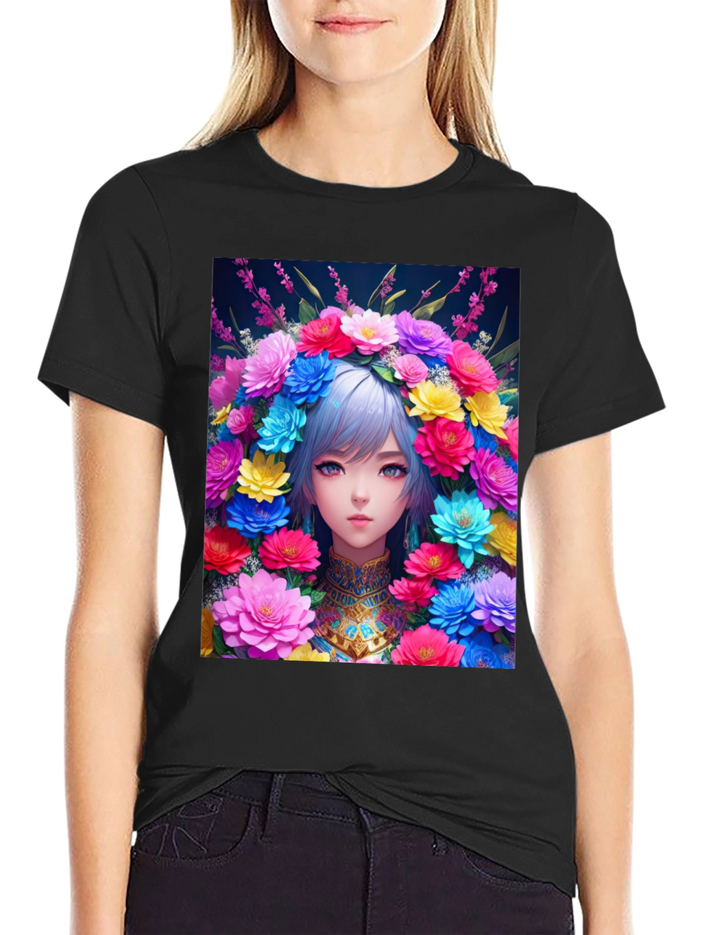 Anime Girl in Flower Crown Graphic Tee
