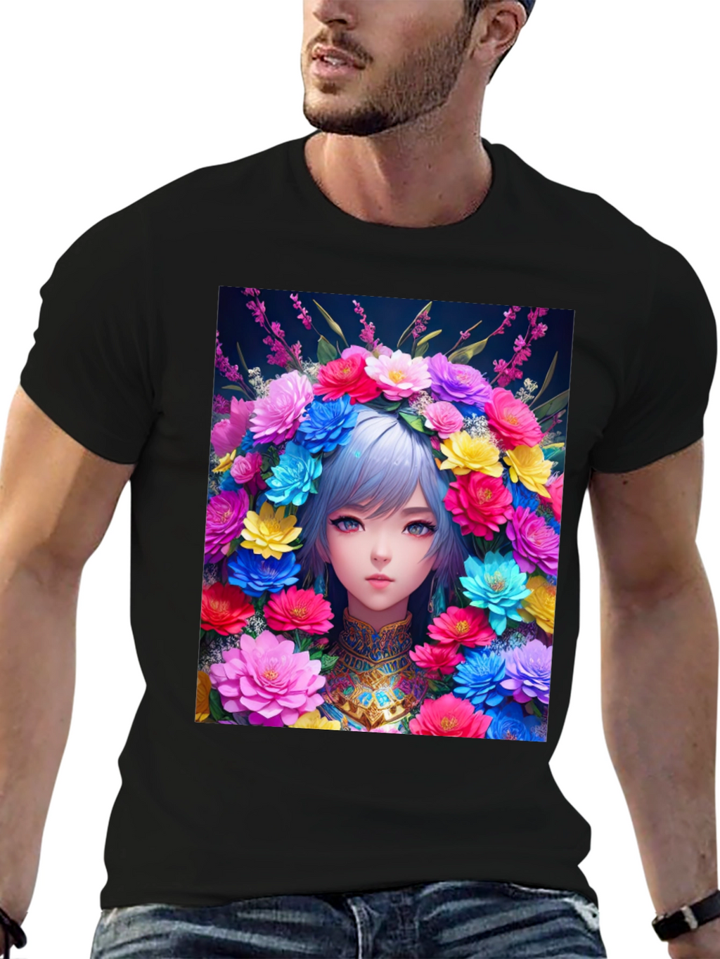 Anime Girl in Flower Crown Graphic Tee