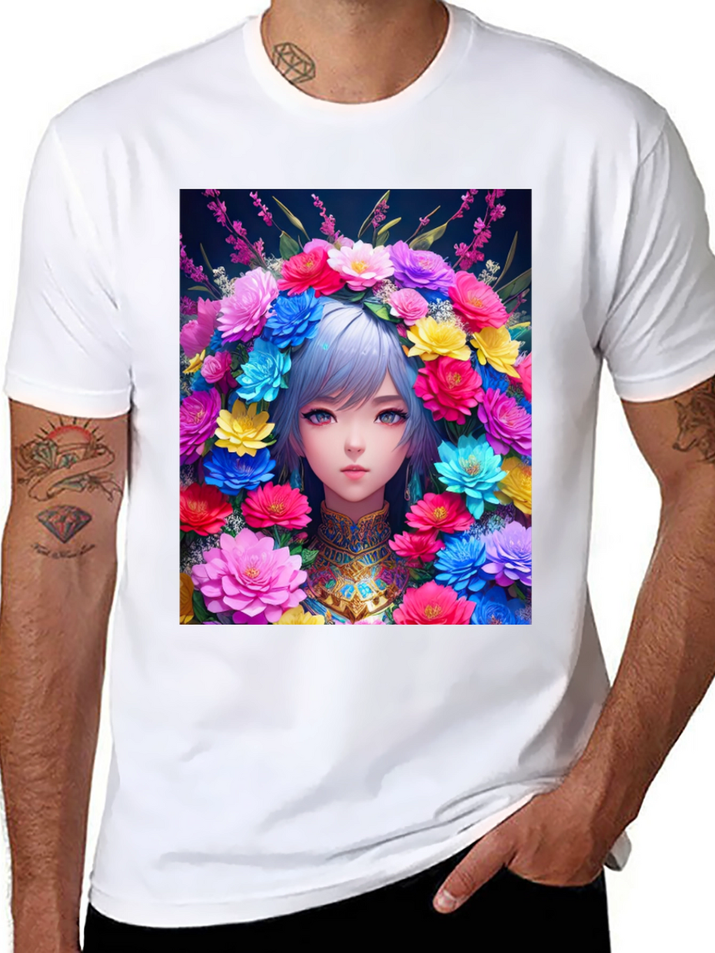 Anime Girl in Flower Crown Graphic Tee