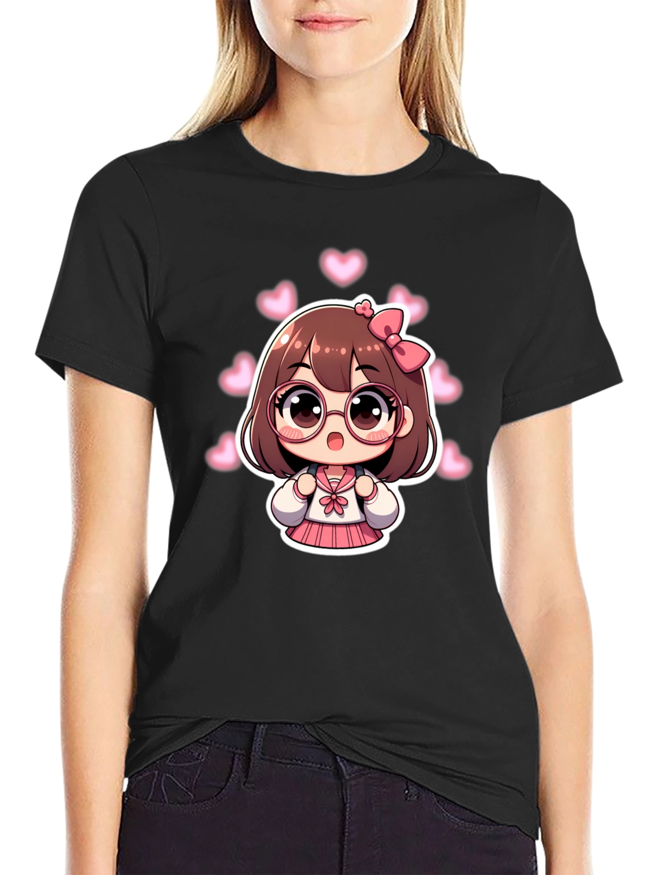 Kawaii Anime Girl Black T-Shirt