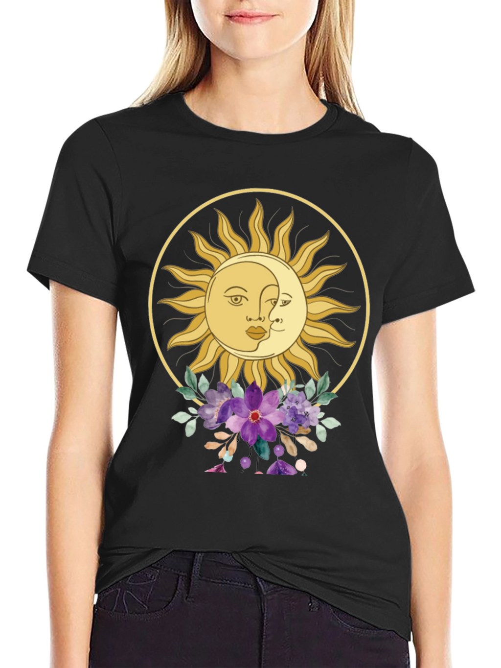 Celestial Sun & Moon Floral Graphic Tee