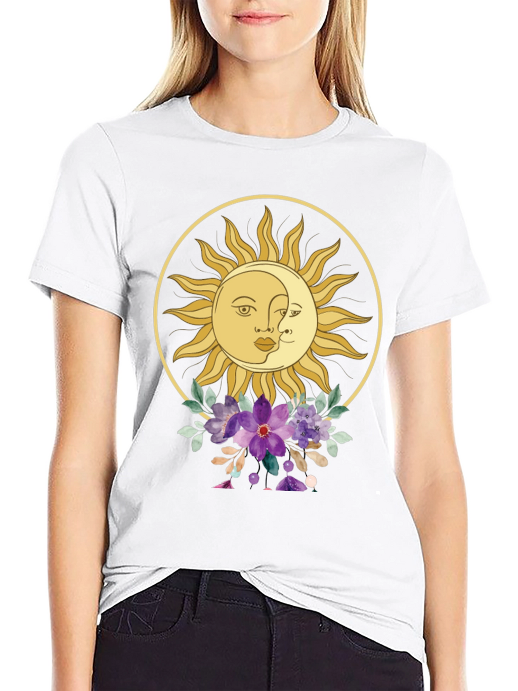 Celestial Sun & Moon Floral Graphic Tee