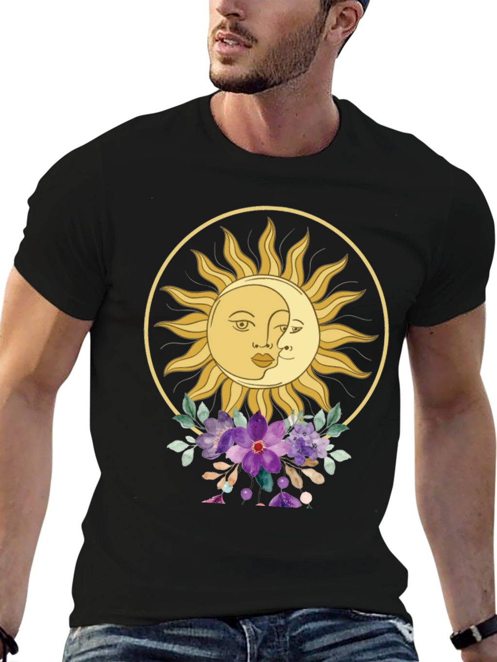 Celestial Sun & Moon Floral Graphic Tee