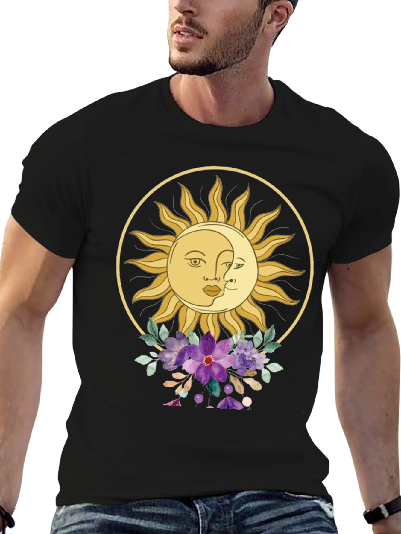 Celestial Sun & Moon Floral Graphic Tee