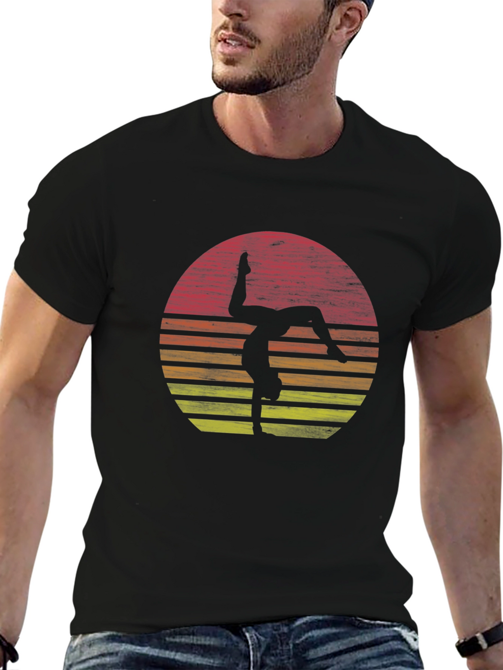 Gymnast Sunset Graphic Tee - Black Cotton T-Shirt