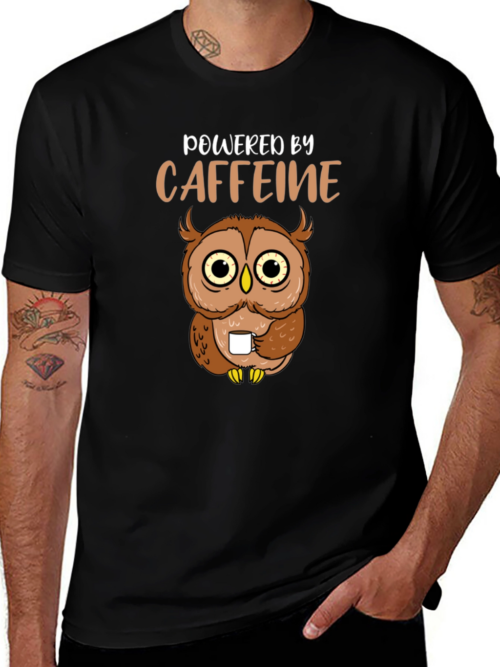 Powered By Caffeine Owl Graphic T-Shirt