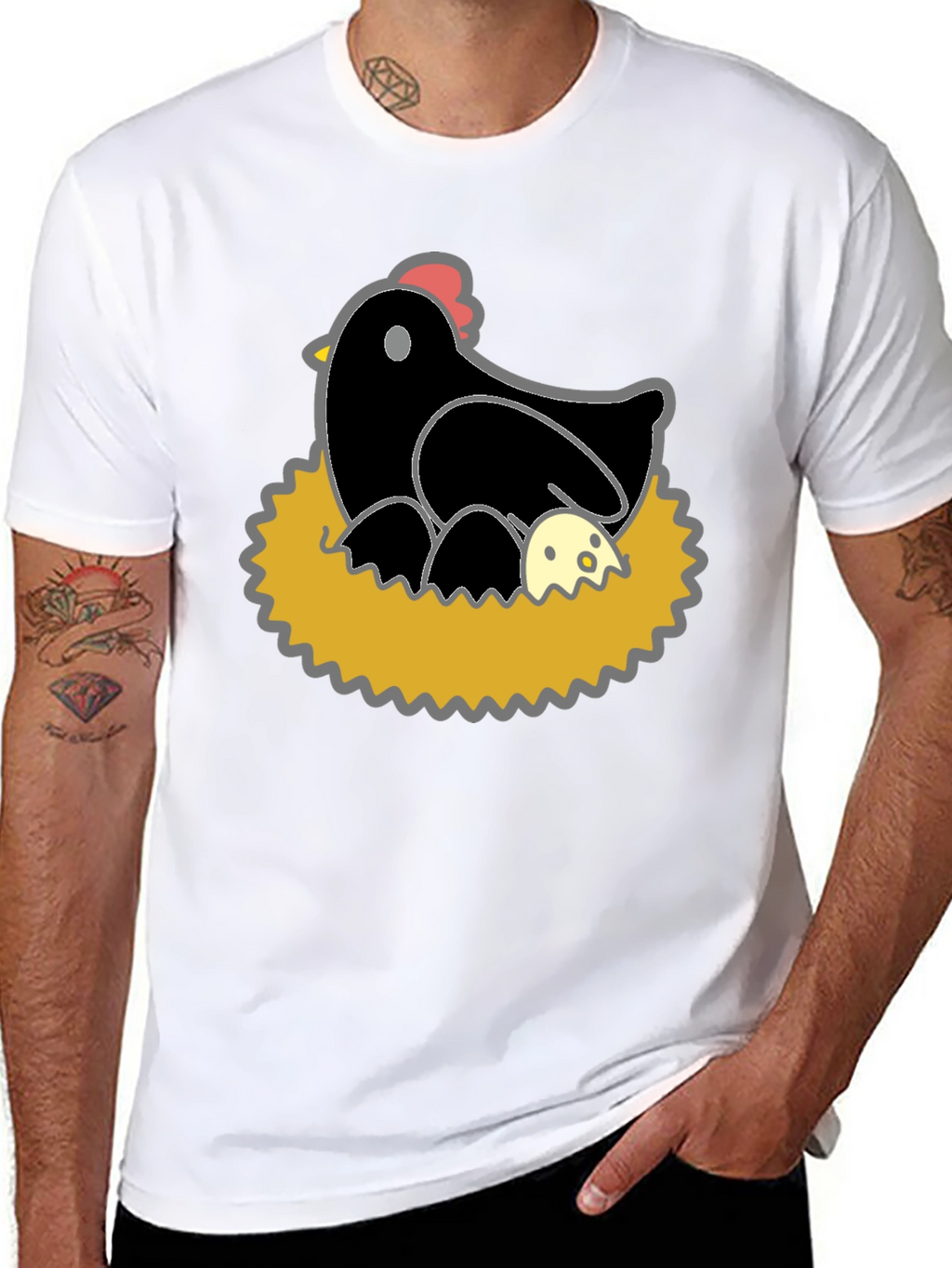 Funny Hen and Eggs Graphic T-Shirt - Black