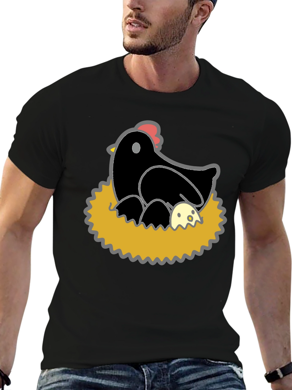 Funny Hen and Eggs Graphic T-Shirt - Black
