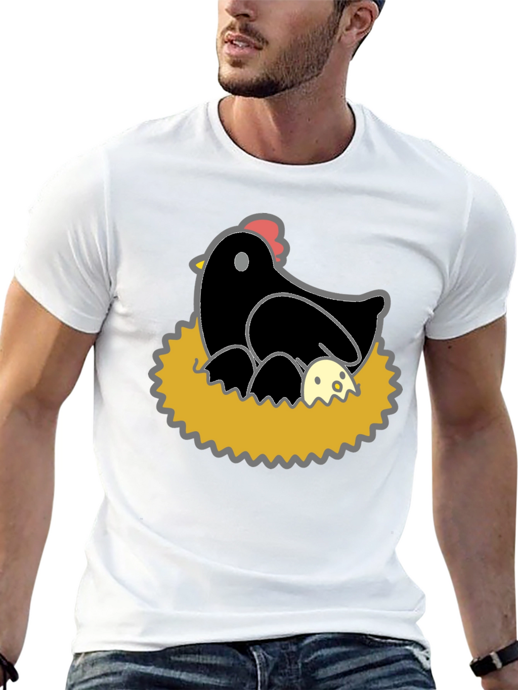 Funny Hen and Eggs Graphic T-Shirt - Black