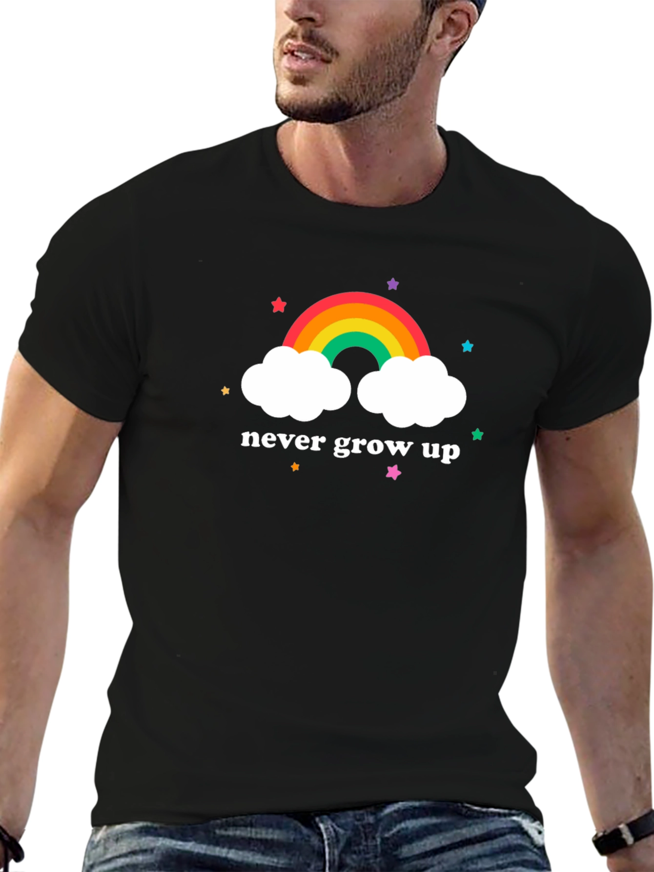 Never Grow Up Rainbow Cloud Graphic Tee