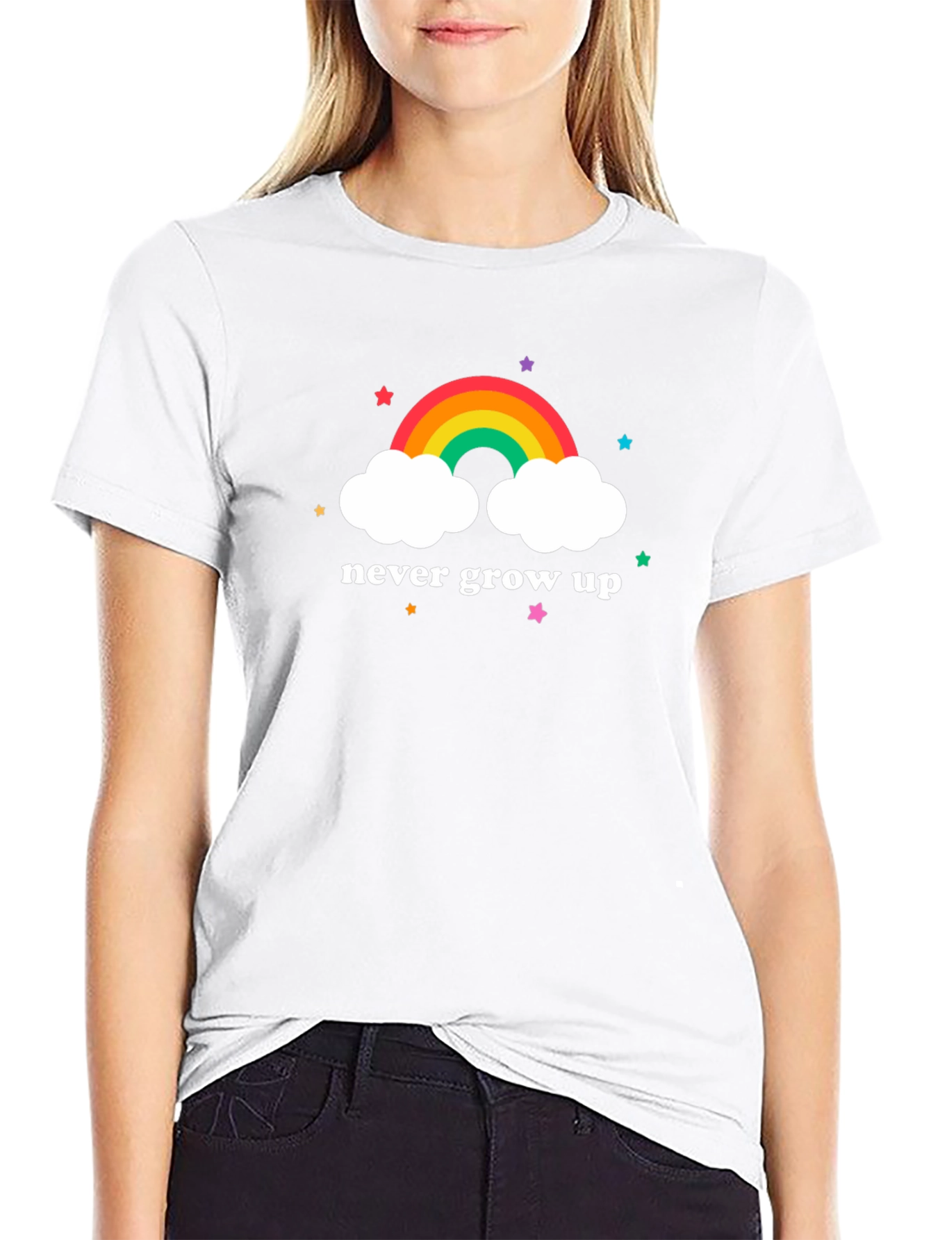 Never Grow Up Rainbow Cloud Graphic Tee