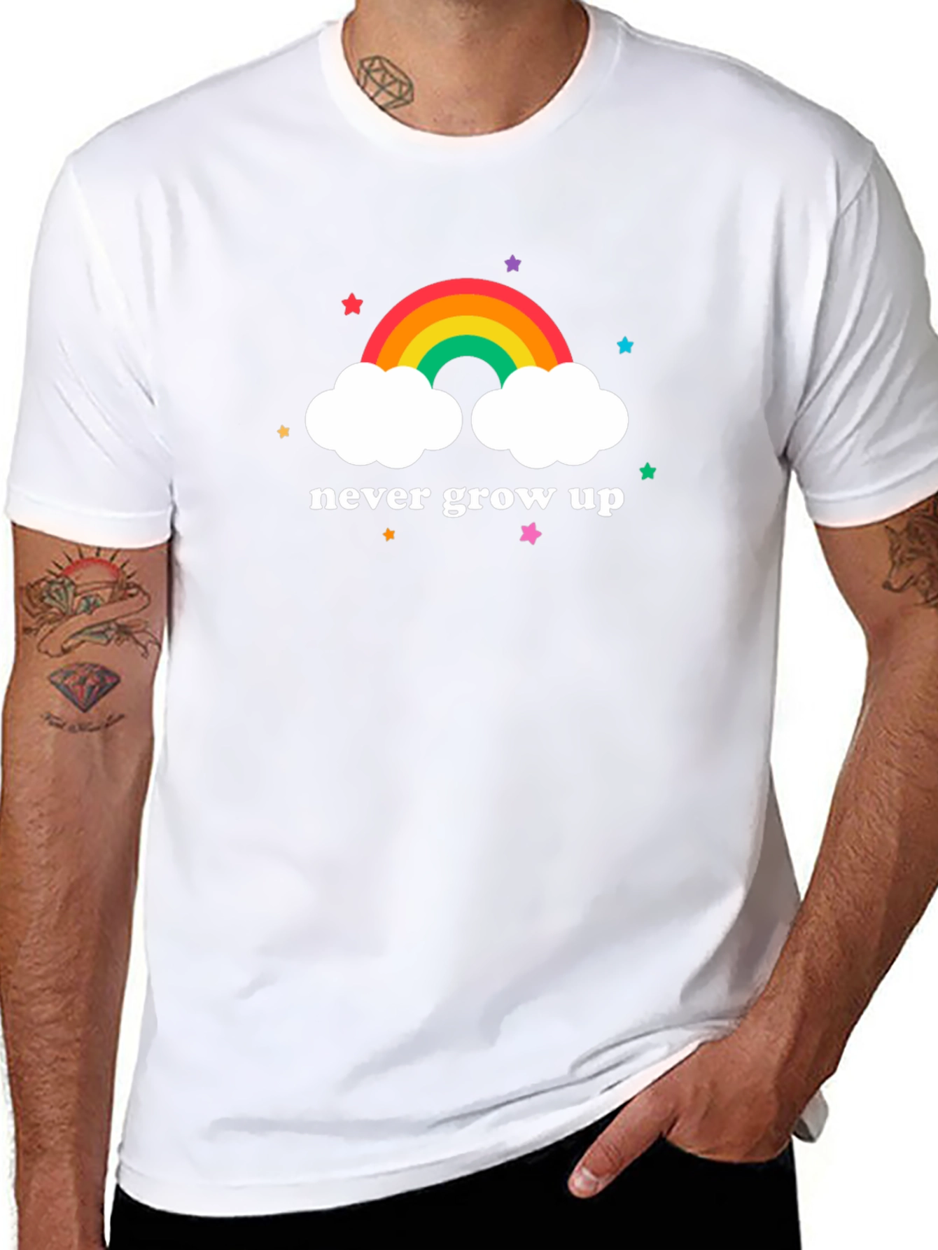 Never Grow Up Rainbow Cloud Graphic Tee