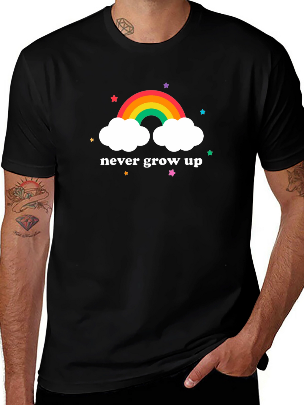 Never Grow Up Rainbow Cloud Graphic Tee