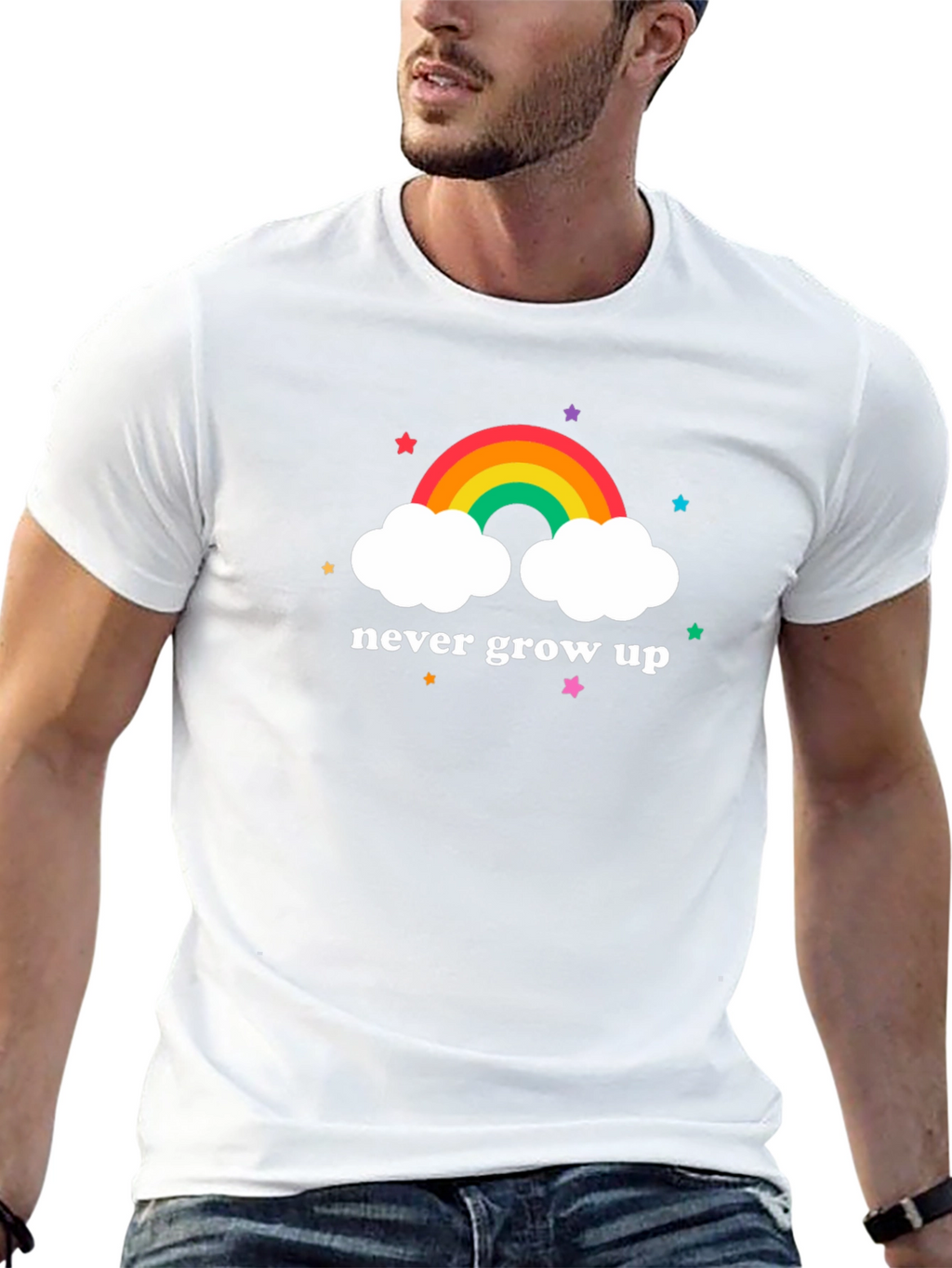 Never Grow Up Rainbow Cloud Graphic Tee