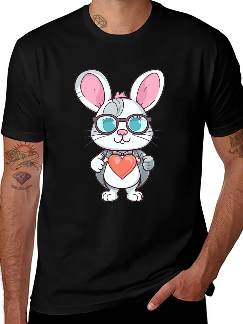 Cute Bunny Heart Valentines Black T-Shirt