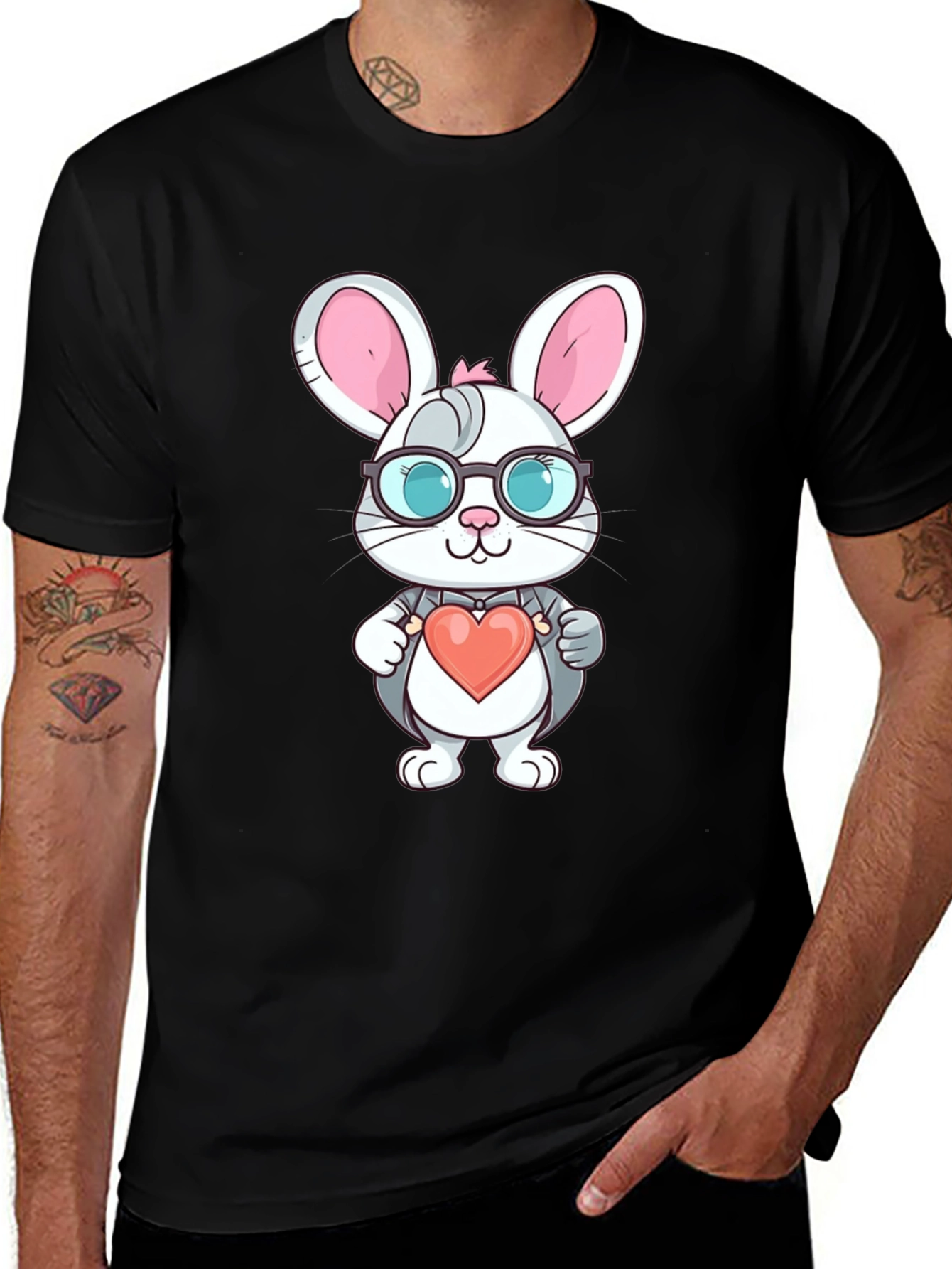 Cute Bunny Heart Valentines Black T-Shirt