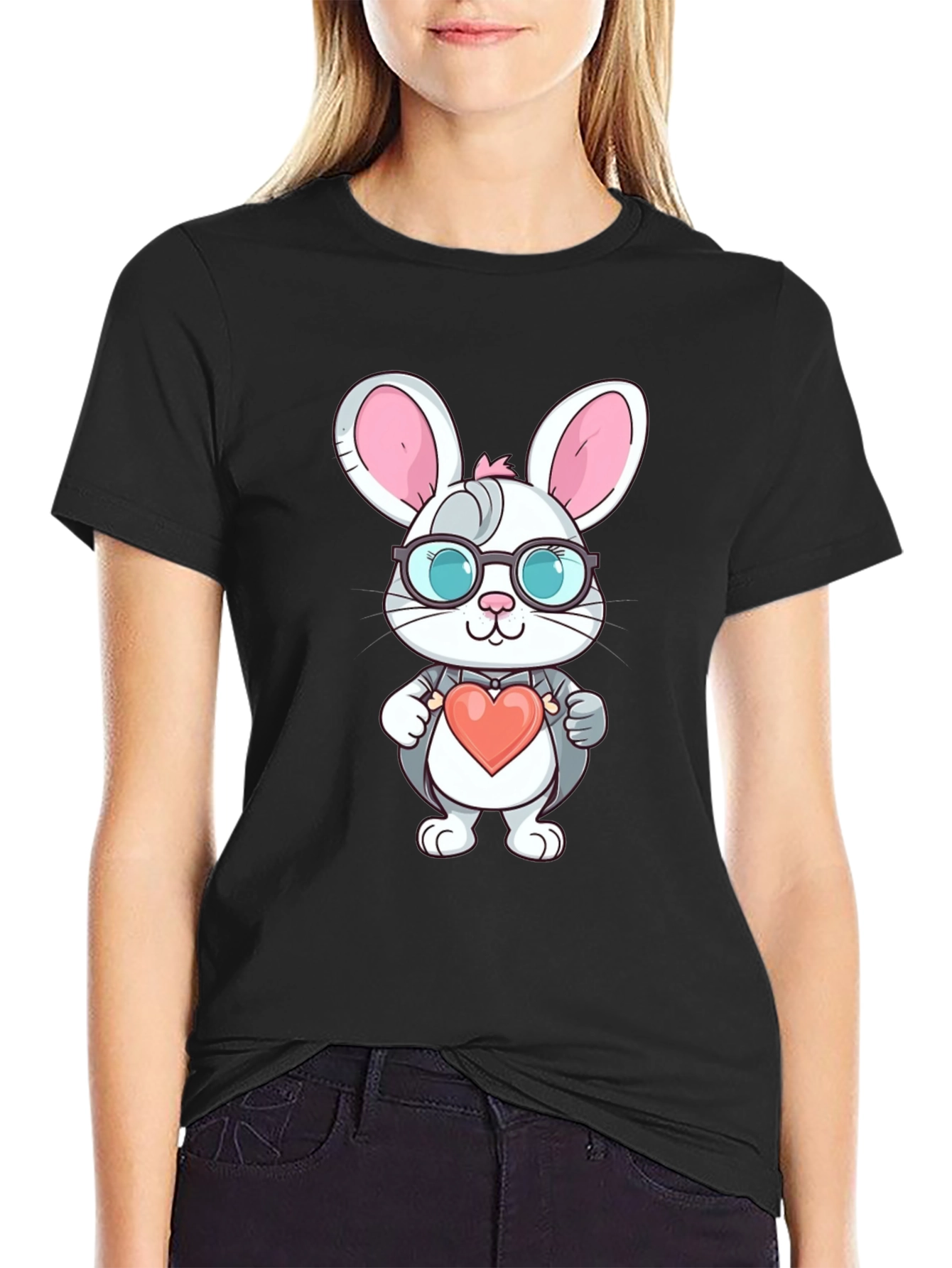 Cute Bunny Heart Valentines Black T-Shirt