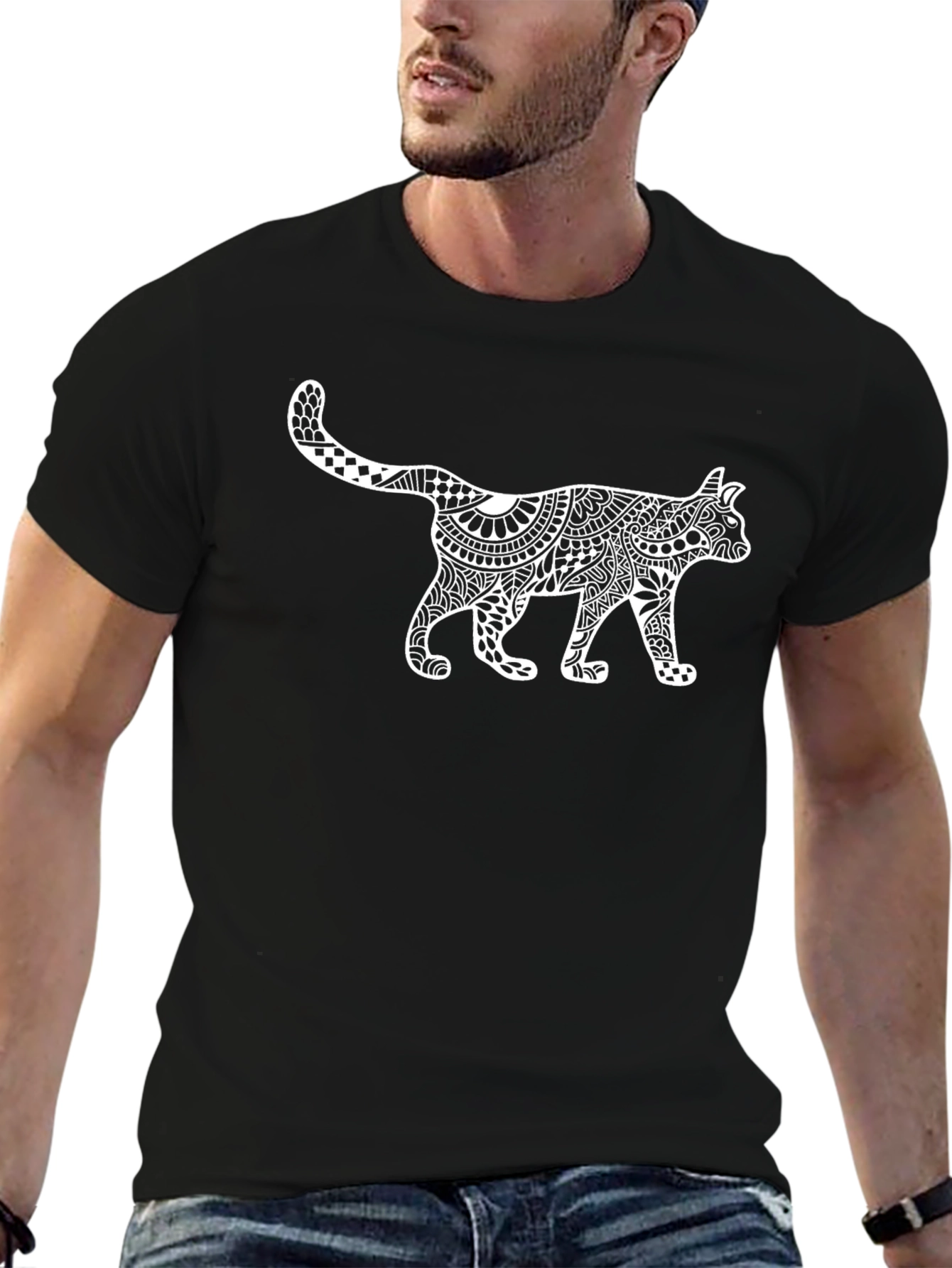 Black T-Shirt with White Cat Zentangle Art