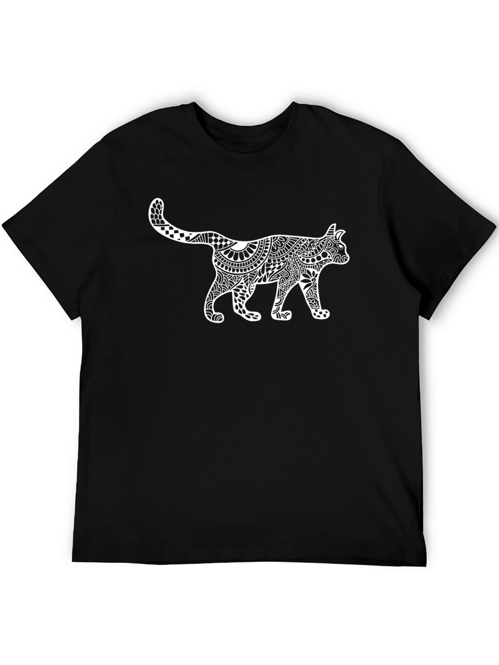 Black T-Shirt with White Cat Zentangle Art