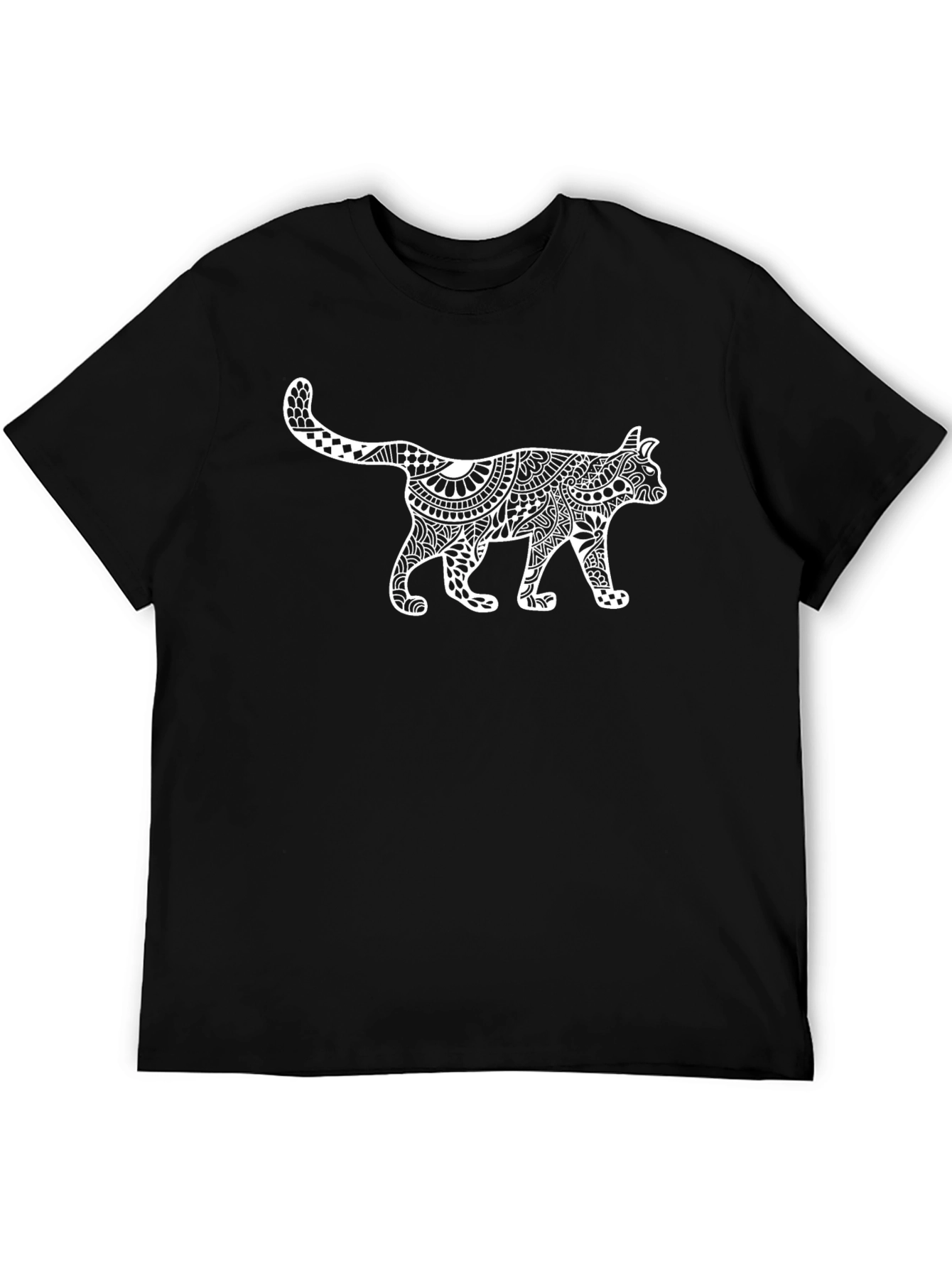 Black T-Shirt with White Cat Zentangle Art