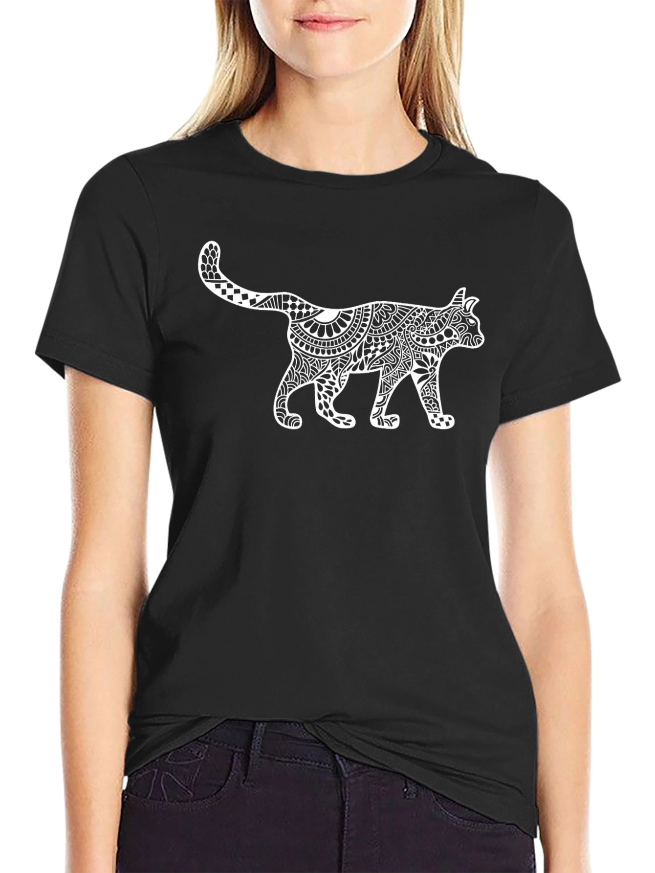 Black T-Shirt with White Cat Zentangle Art