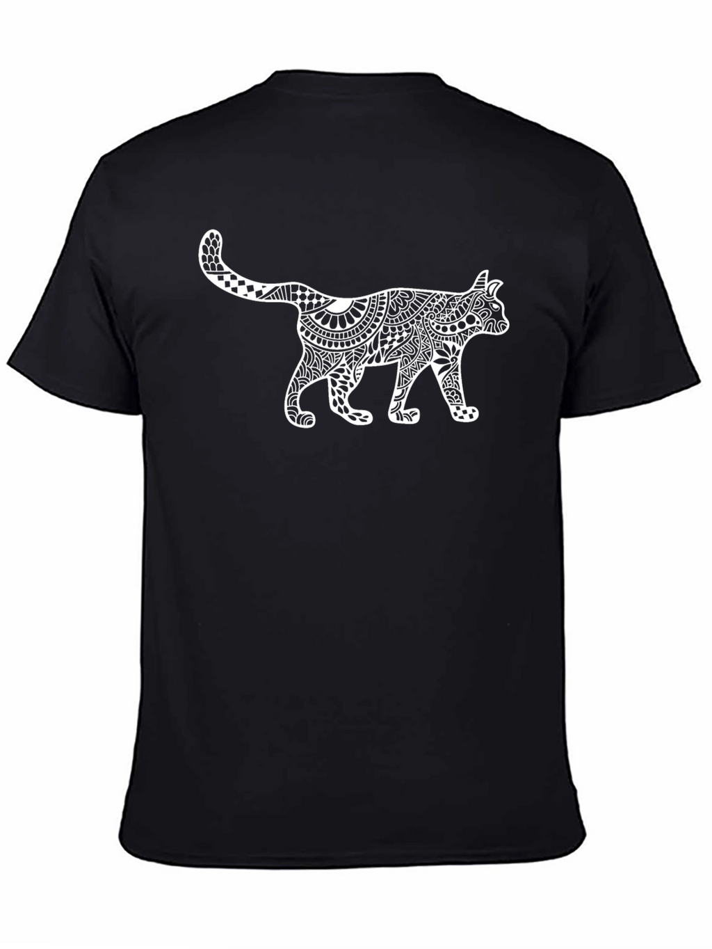 Black T-Shirt with White Cat Zentangle Art