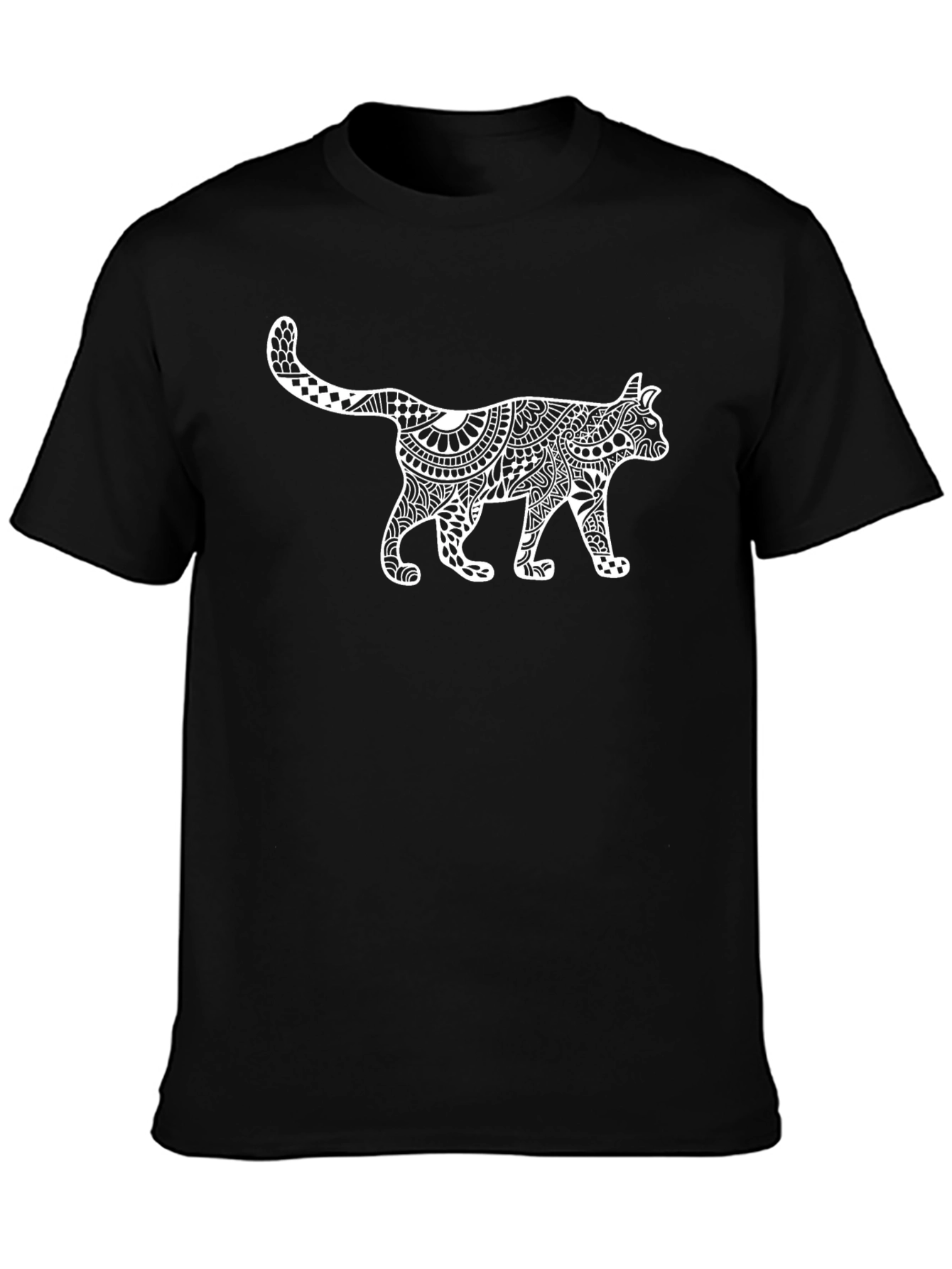 Black T-Shirt with White Cat Zentangle Art