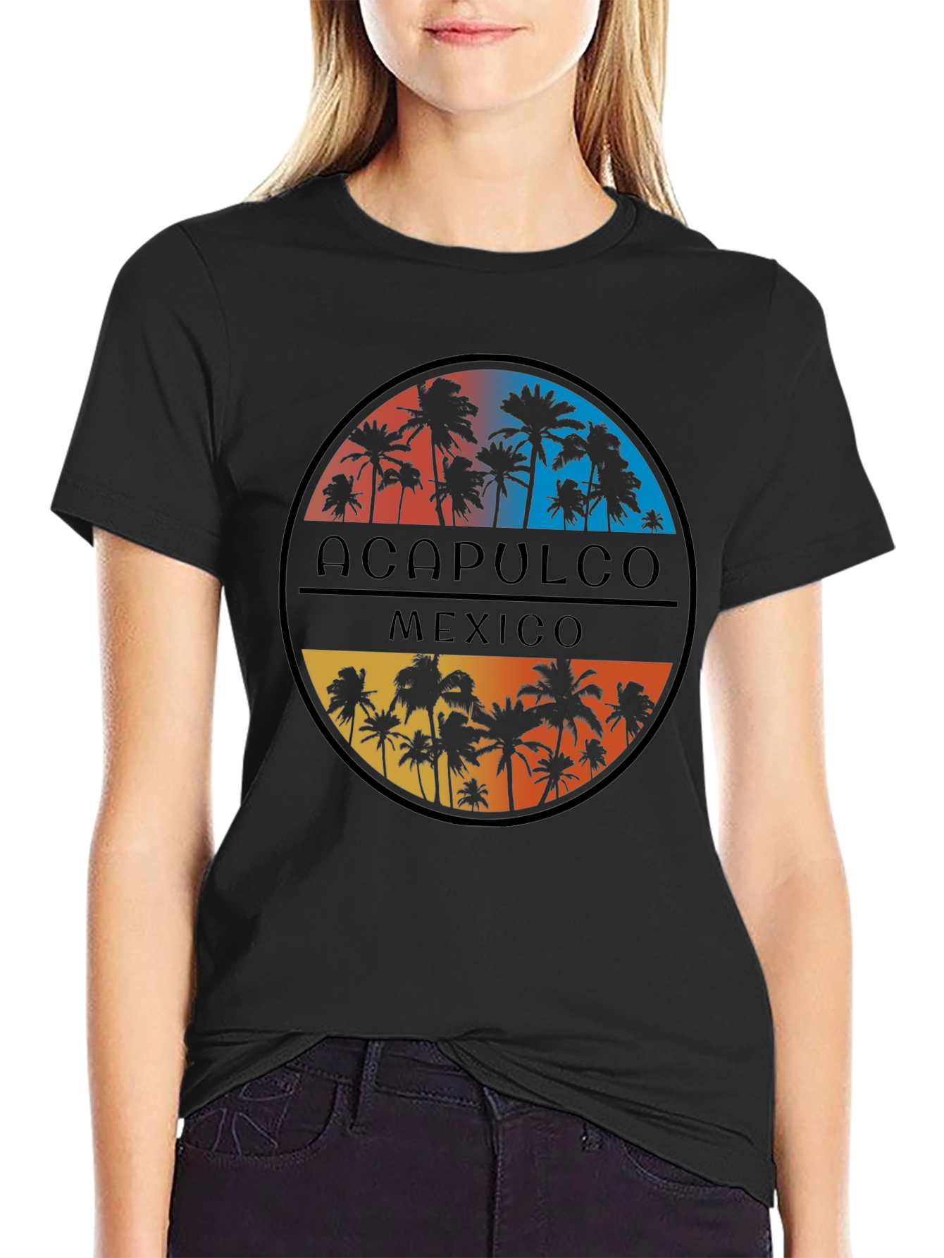 Acapulco Mexico Palm Tree Graphic Tee - Black