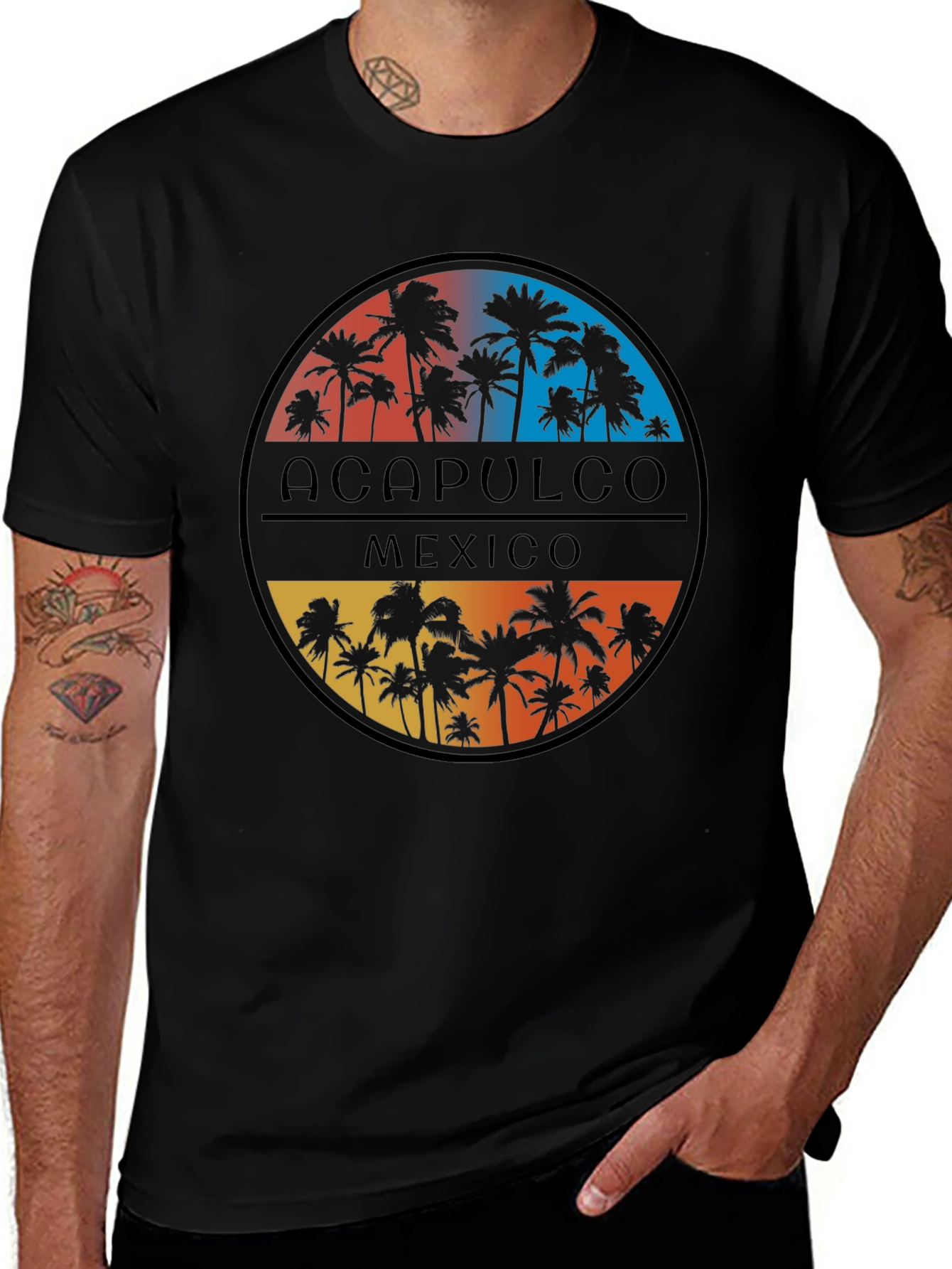 Acapulco Mexico Palm Tree Graphic Tee - Black