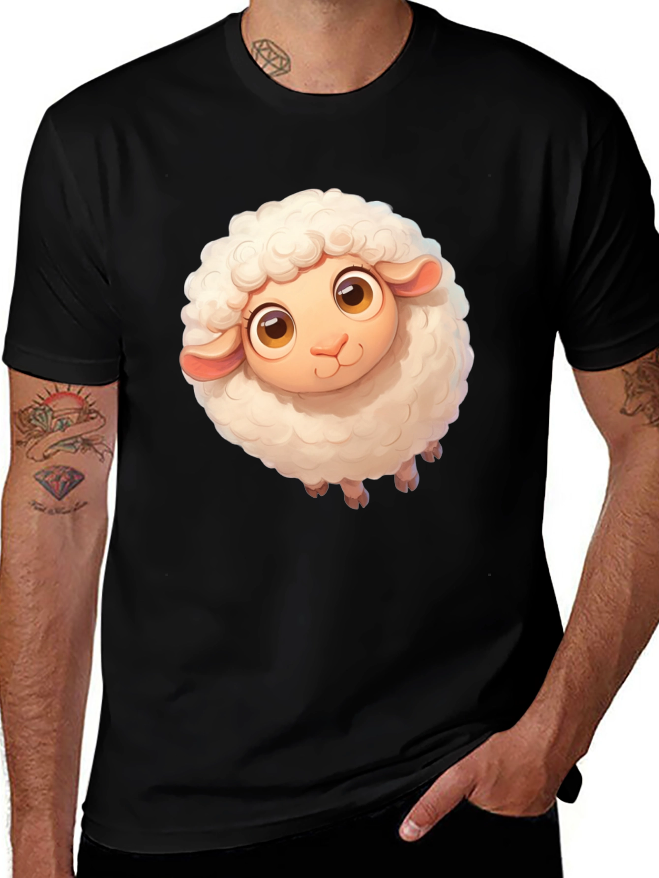 Cute Sheep Graphic Tee - Black Cotton Blend