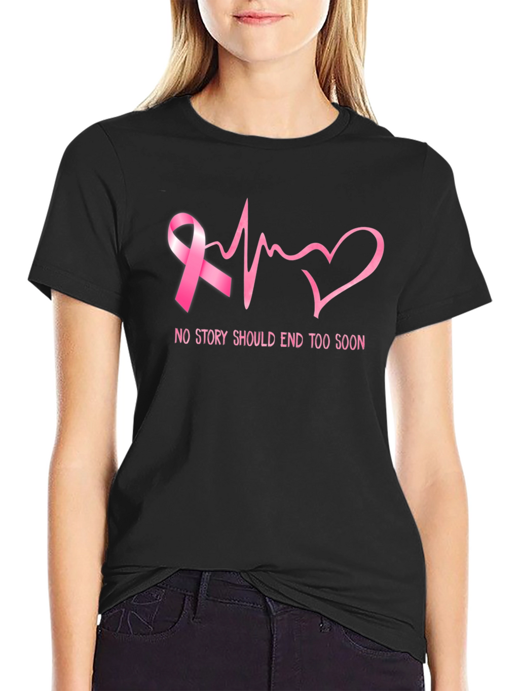 Breast Cancer Awareness Ribbon Heartbeat Graphic T-Shirt