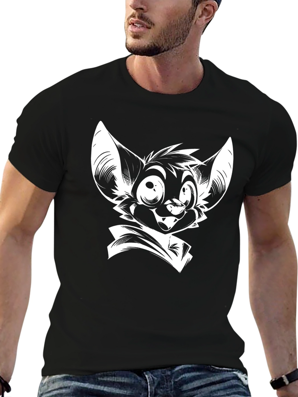 Black T-Shirt with Cartoon Bat Graphic