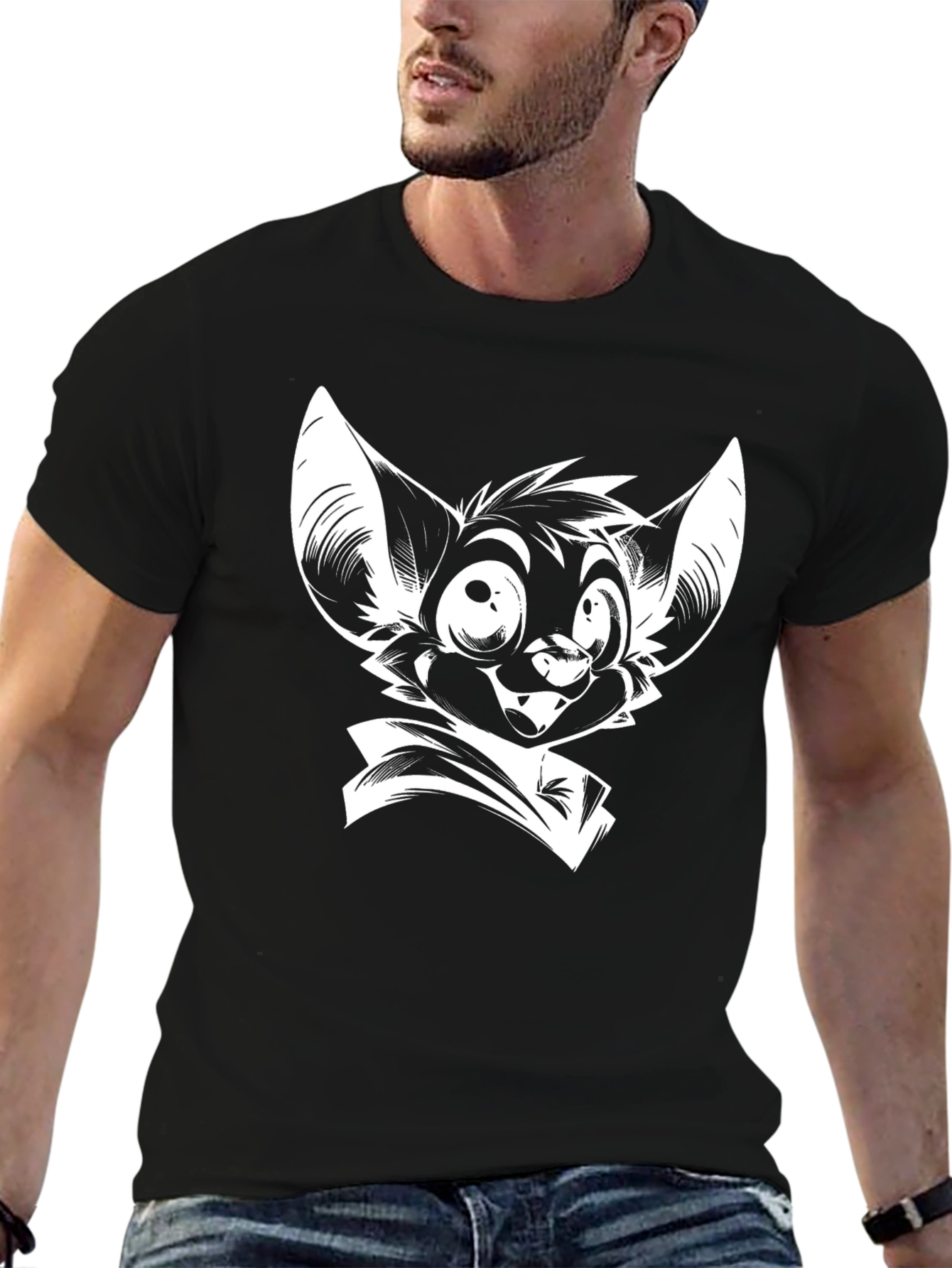 Black T-Shirt with Cartoon Bat Graphic
