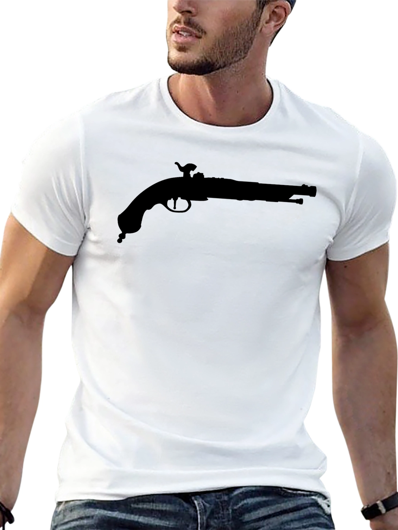 Black T-Shirt with Pirate Pistol Graphic