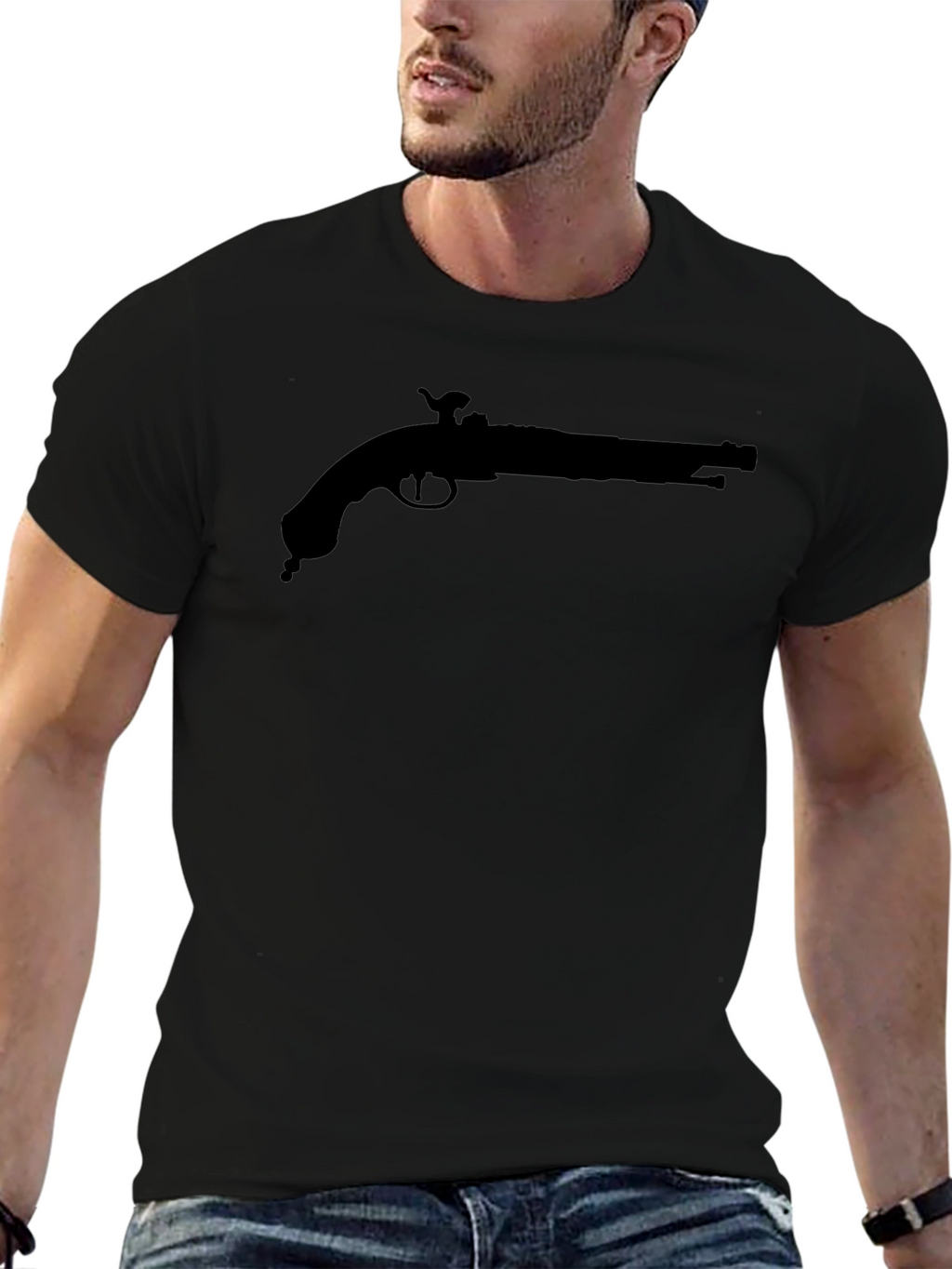 Black T-Shirt with Pirate Pistol Graphic