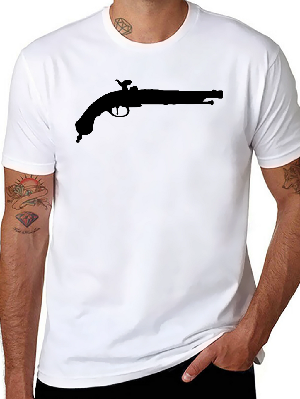 Black T-Shirt with Pirate Pistol Graphic