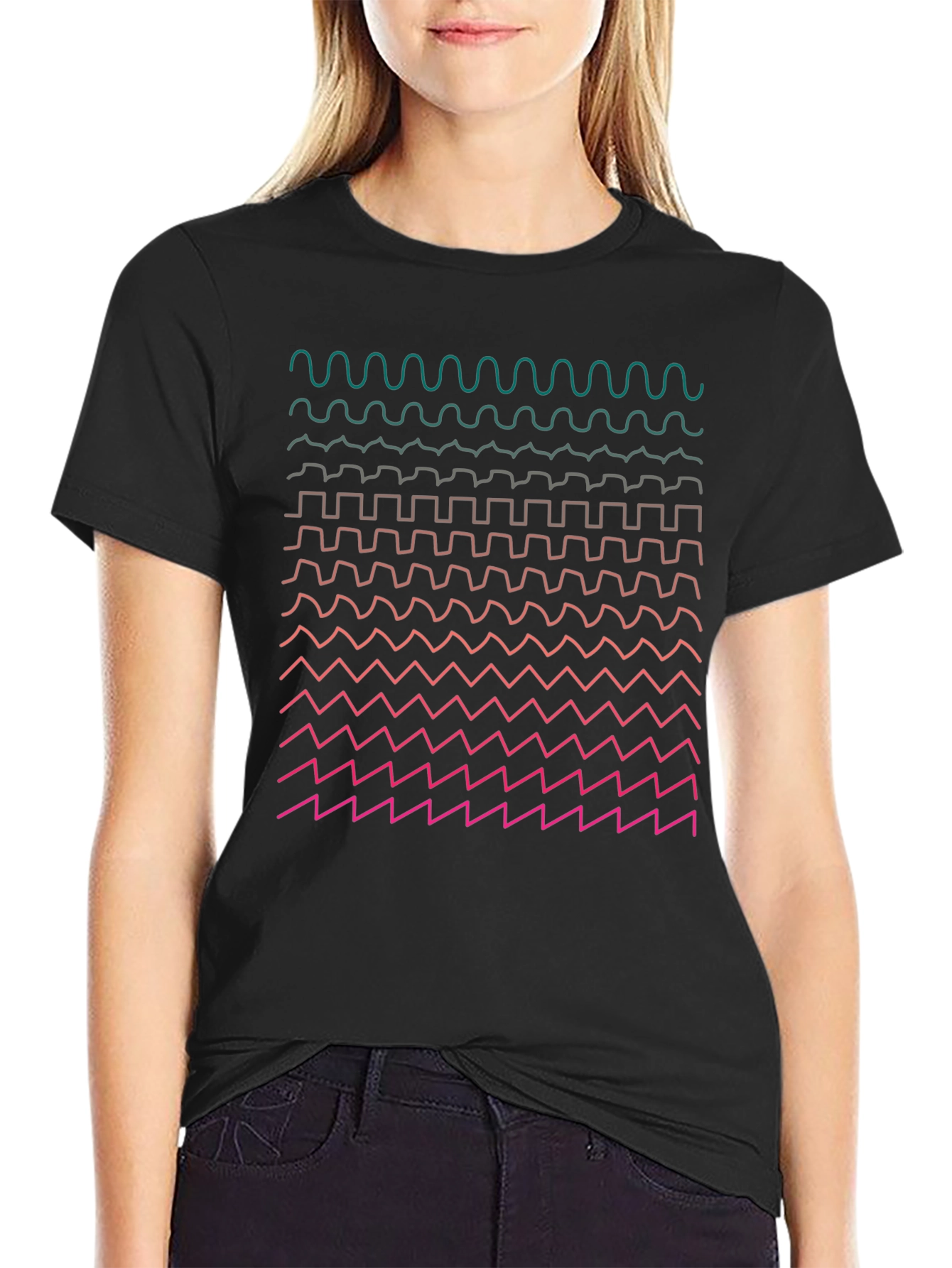 Geometric Waveform Print Black T-Shirt