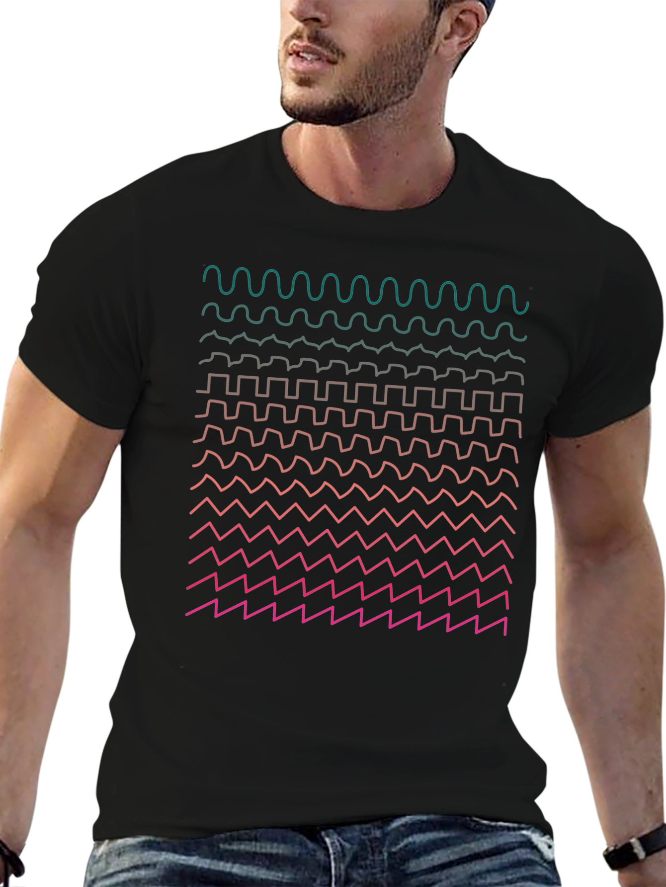Geometric Waveform Print Black T-Shirt
