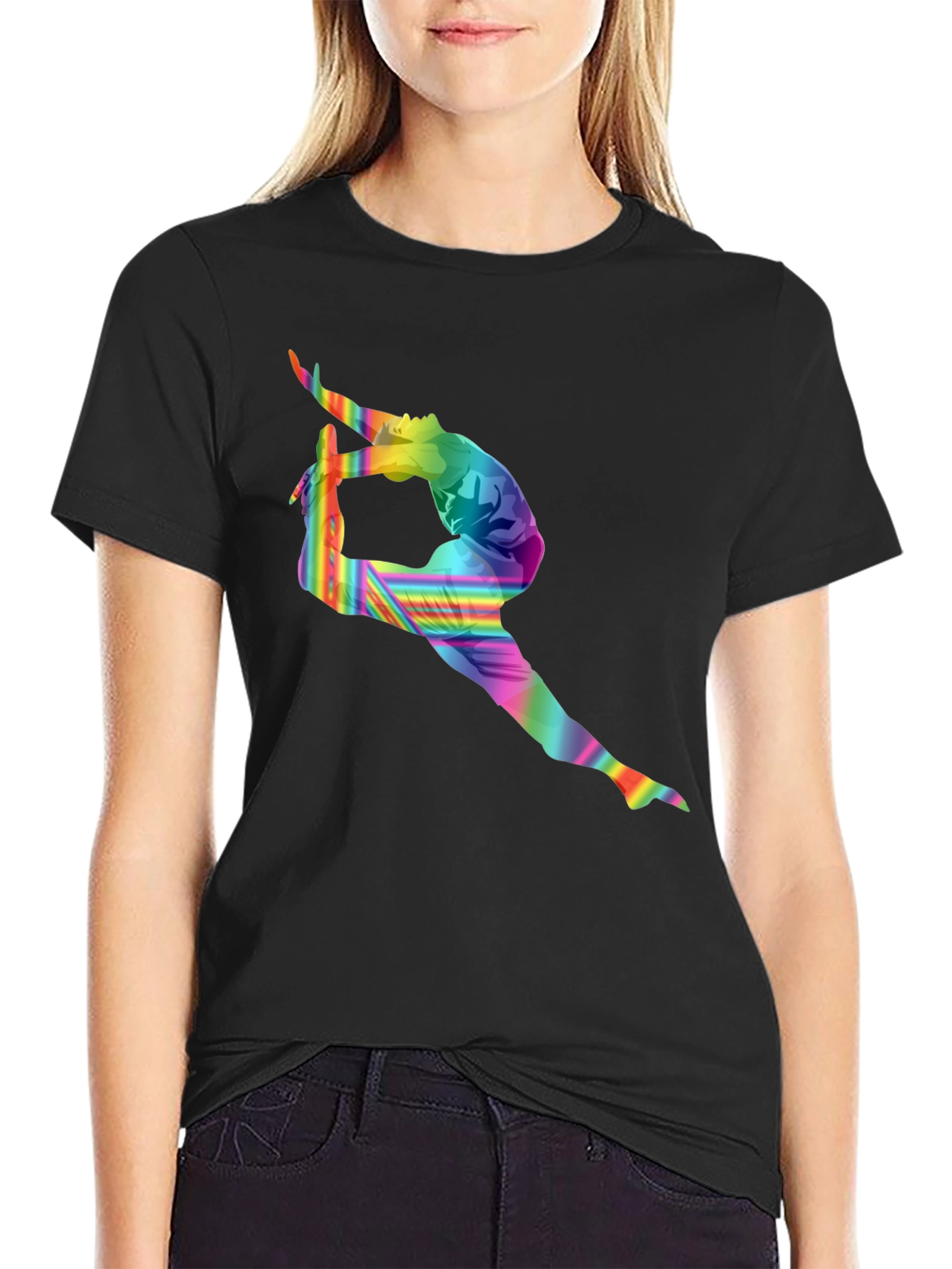 Rainbow Gymnast Graphic Tee - Stylish Black T-Shirt