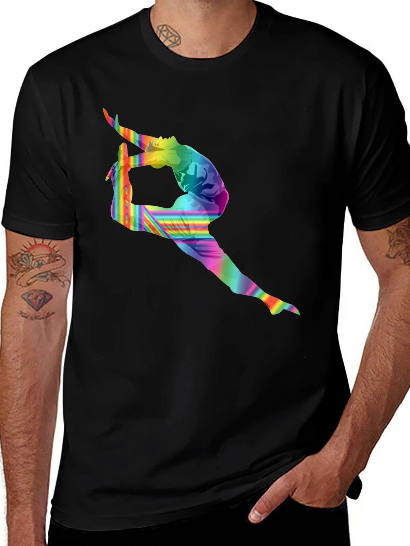 Rainbow Gymnast Graphic Tee - Stylish Black T-Shirt